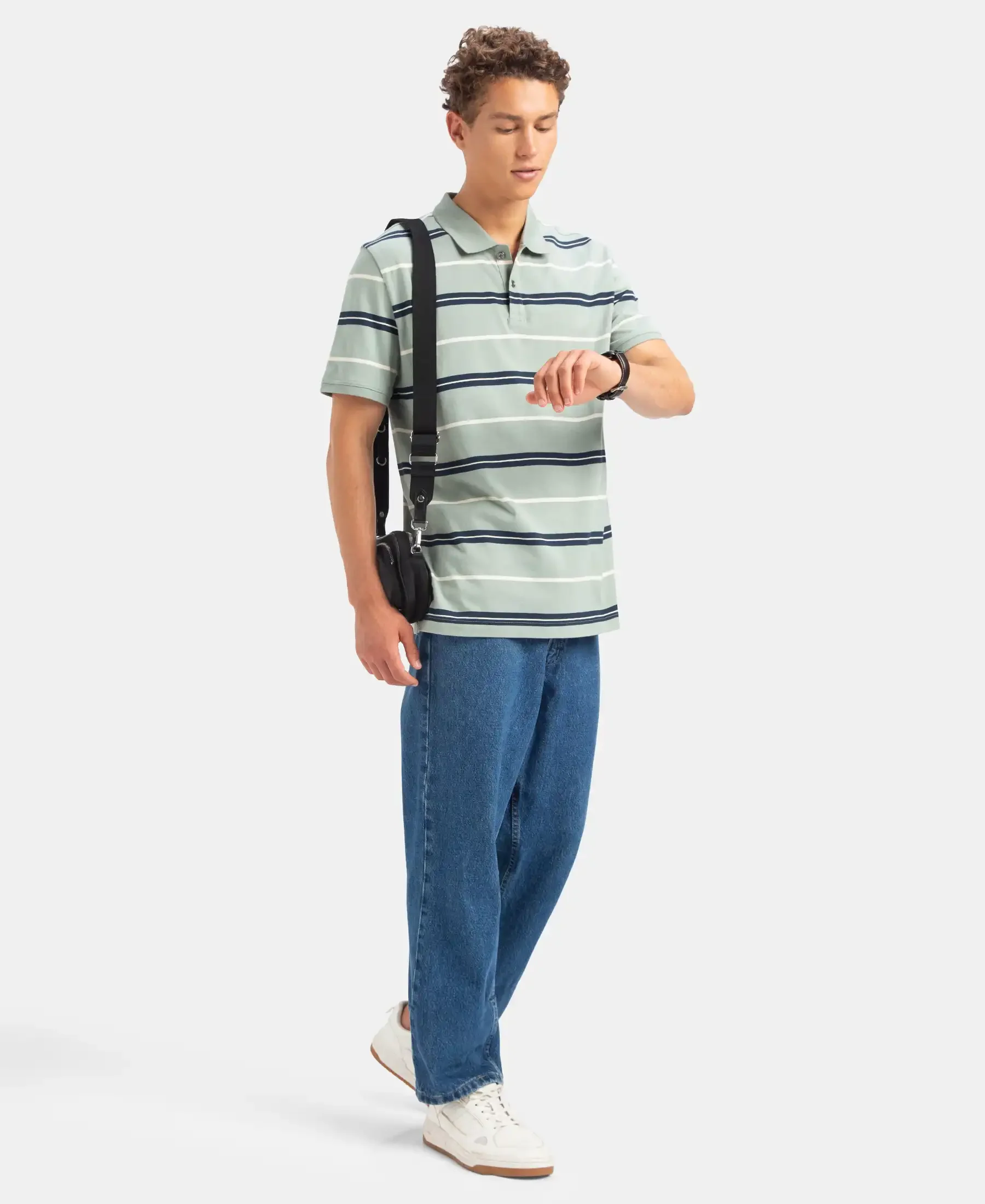 Super Combed Cotton Rich Striped Half Sleeve Polo T-Shirt - Iceberg Green, Navy & Almond - Image 6