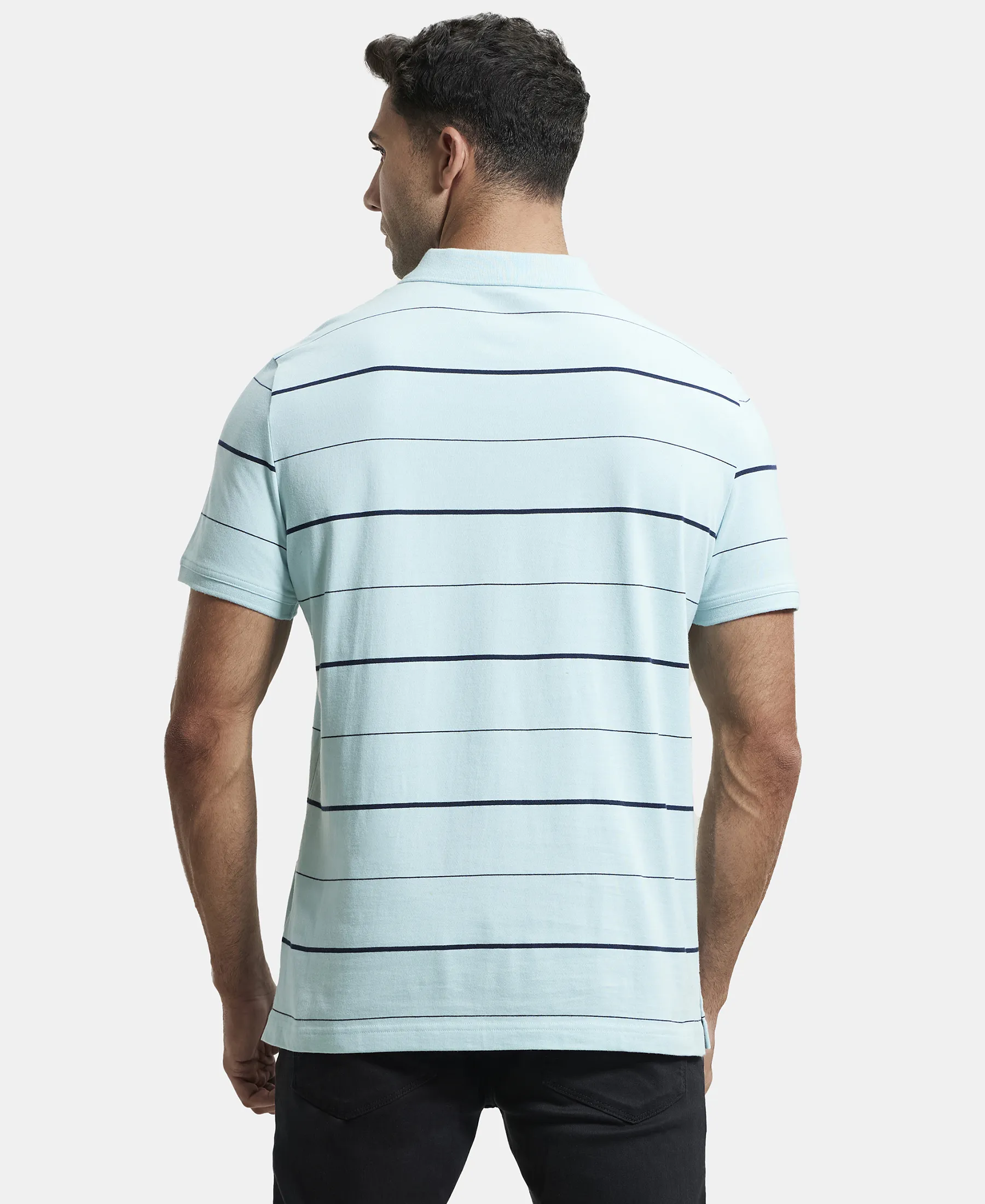 Super Combed Cotton Rich Striped Half Sleeve Polo T-Shirt - Sea Angel & Navy - Image 3