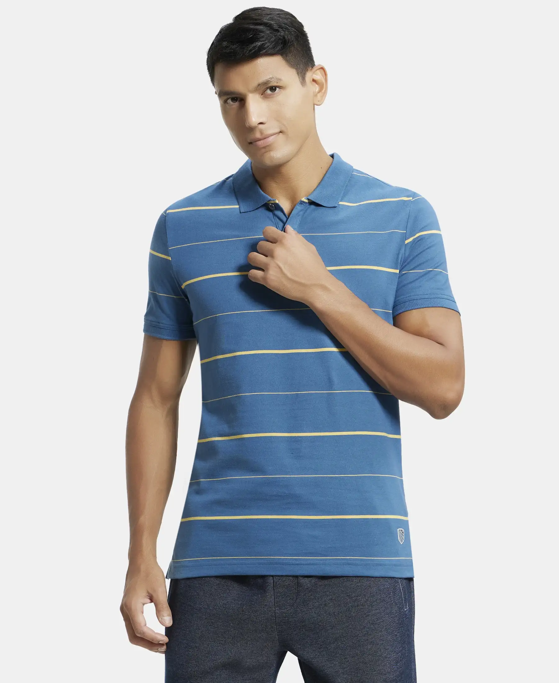 Super Combed Cotton Rich Striped Half Sleeve Polo T-Shirt - Stellar & Corn Silk