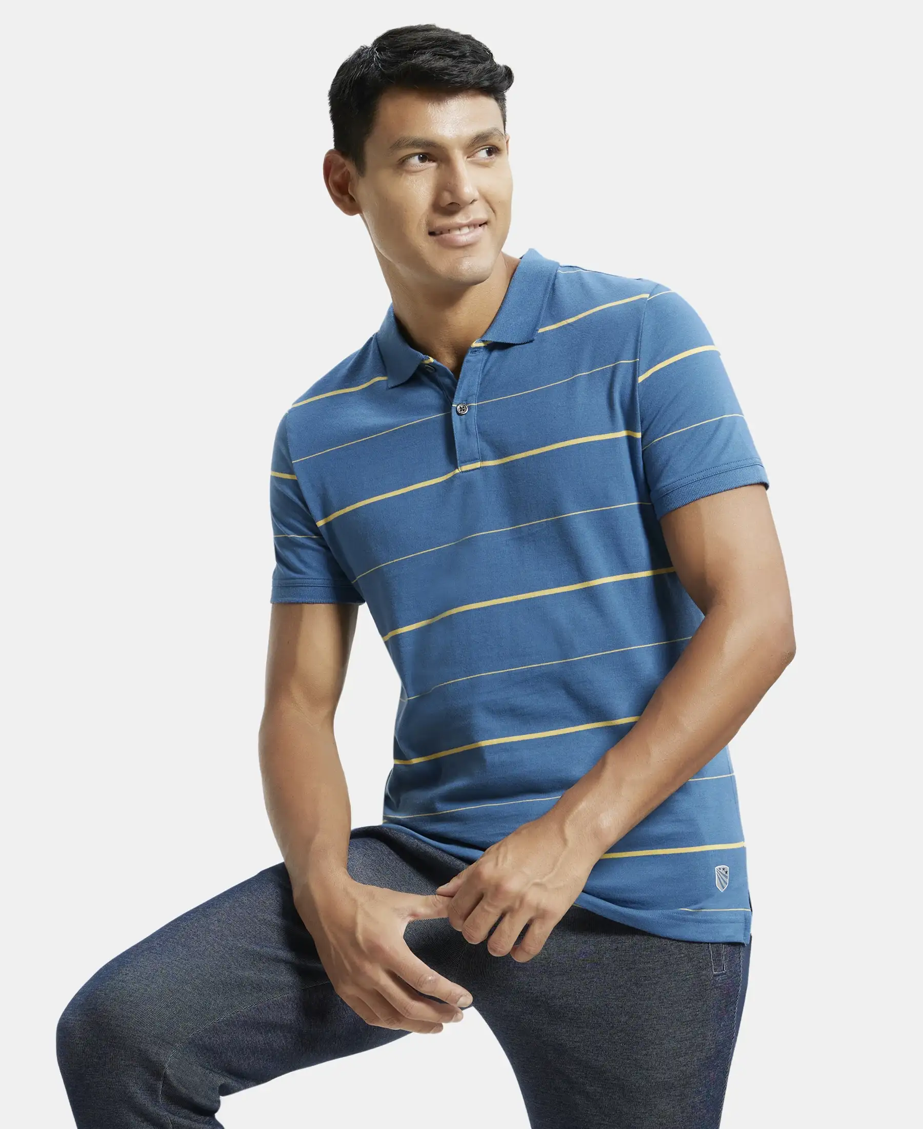 Super Combed Cotton Rich Striped Half Sleeve Polo T-Shirt - Stellar & Corn Silk - Image 5