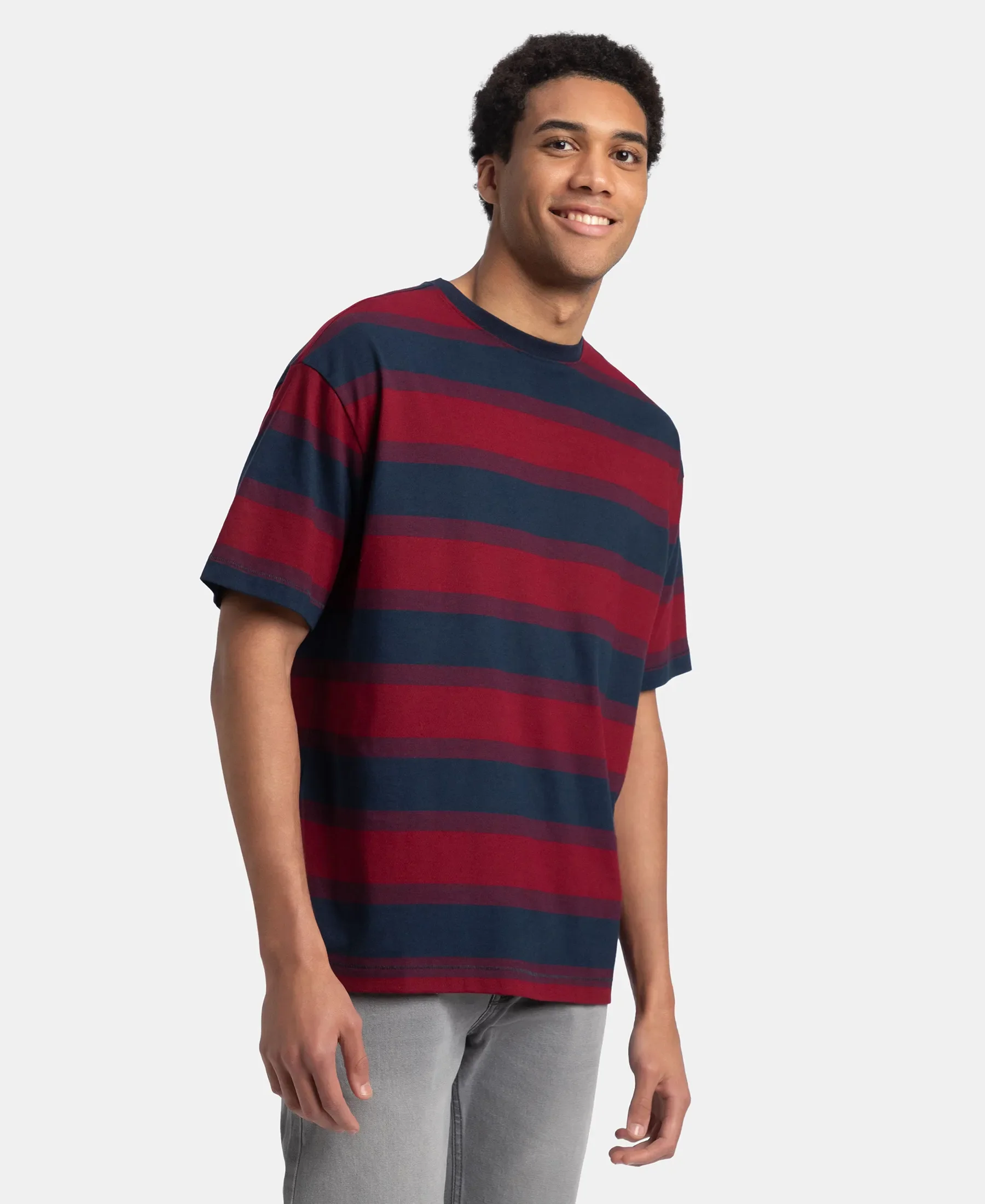 Super Combed Cotton Rich Striped Oversized T-Shirt - Deep Red & Navy - Image 2