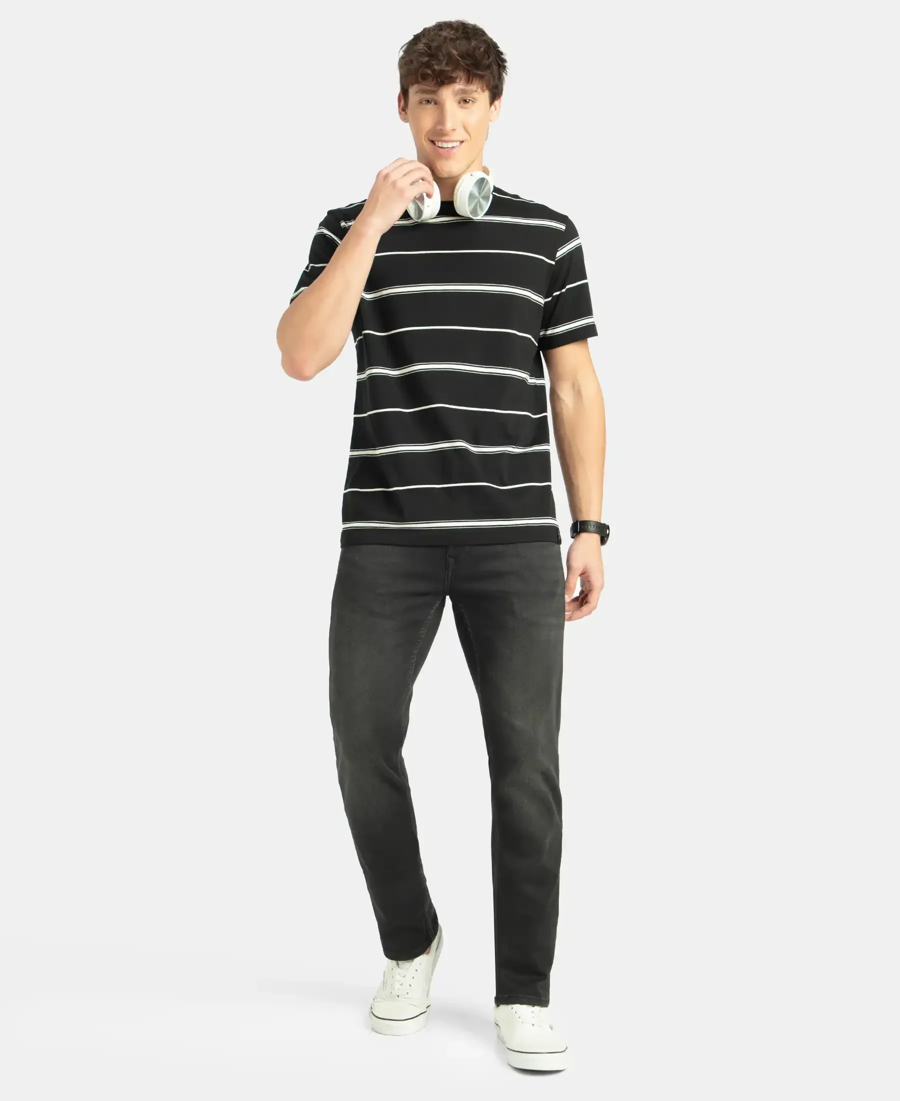 Super Combed Cotton Rich Striped Round Neck Half Sleeve T-Shirt - Black & Ecru - Image 6