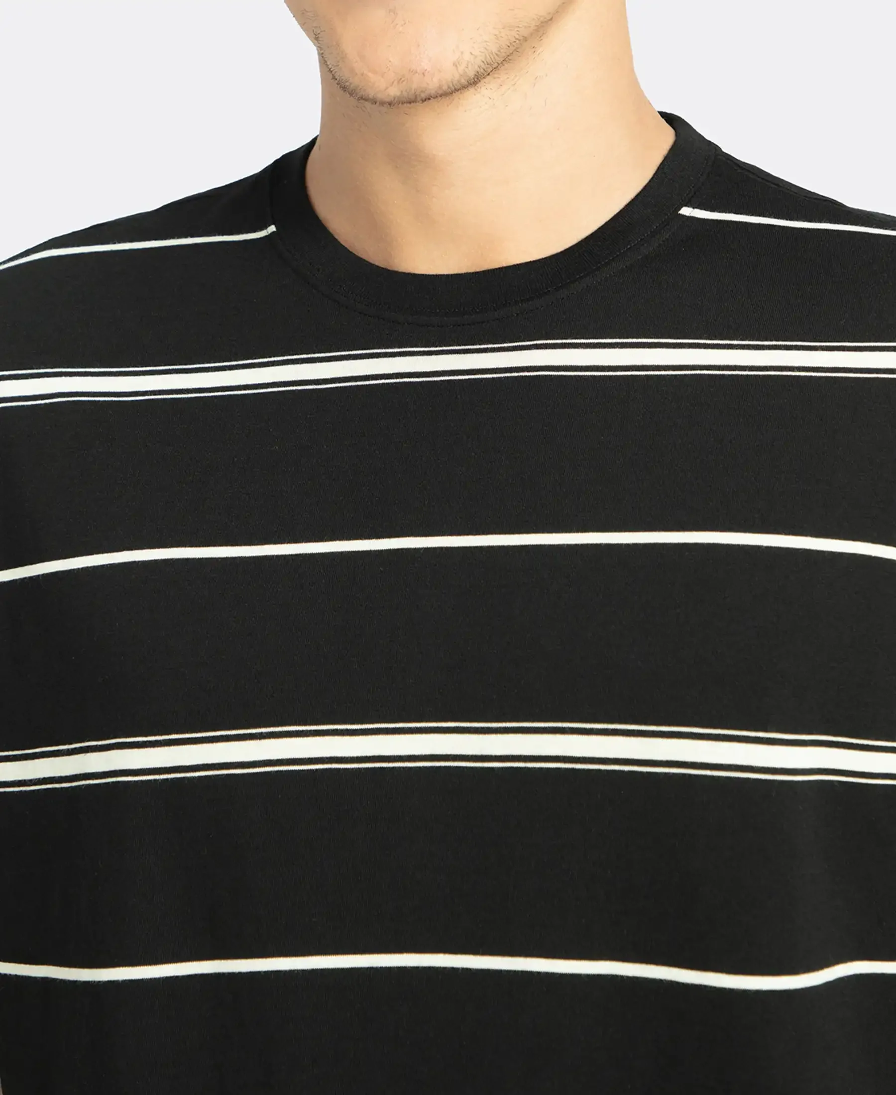 Super Combed Cotton Rich Striped Round Neck Half Sleeve T-Shirt - Black & Ecru - Image 7