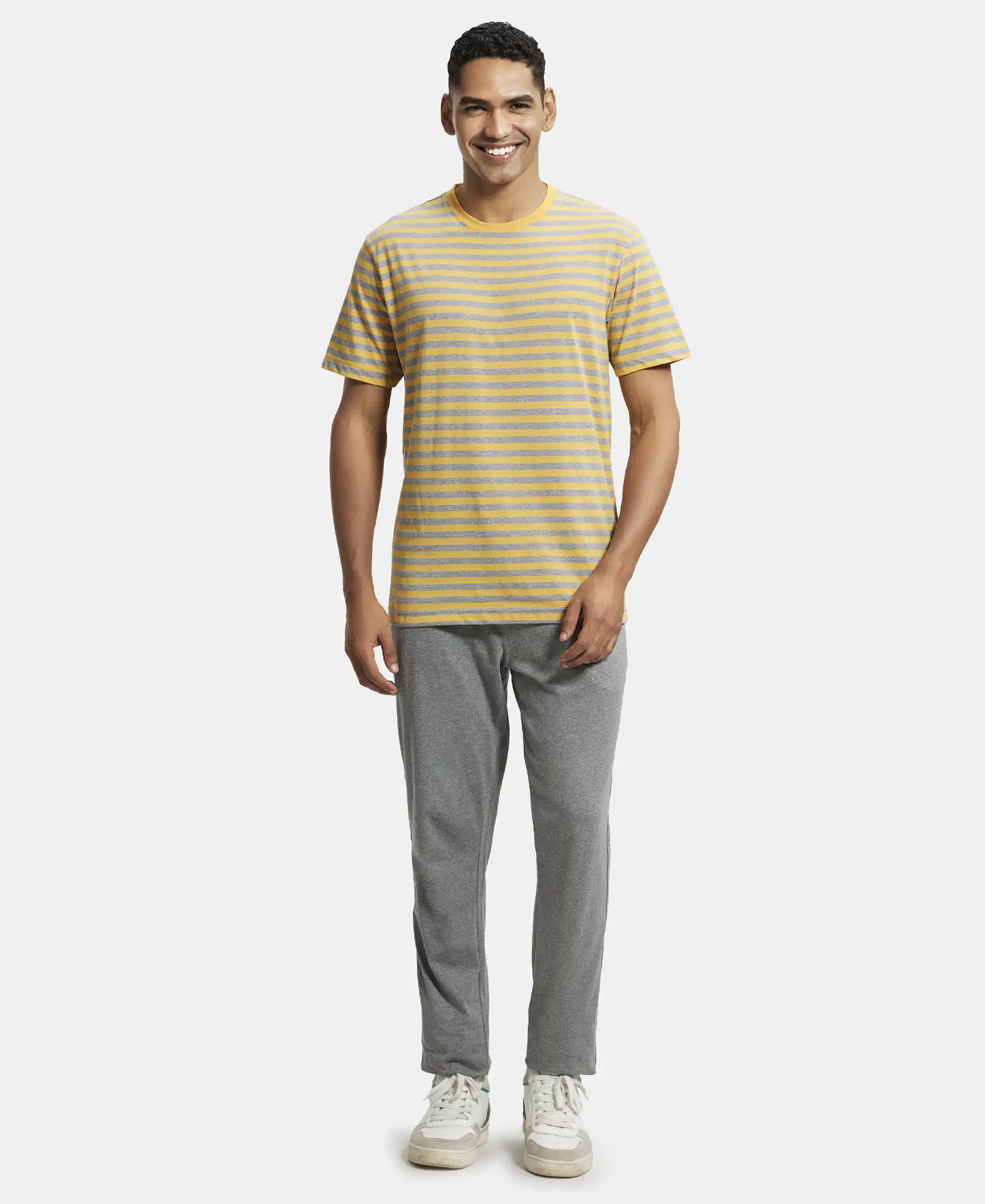 Super Combed Cotton Rich Striped Round Neck Half Sleeve T-Shirt - Burnt Gold & Grey - Image 4