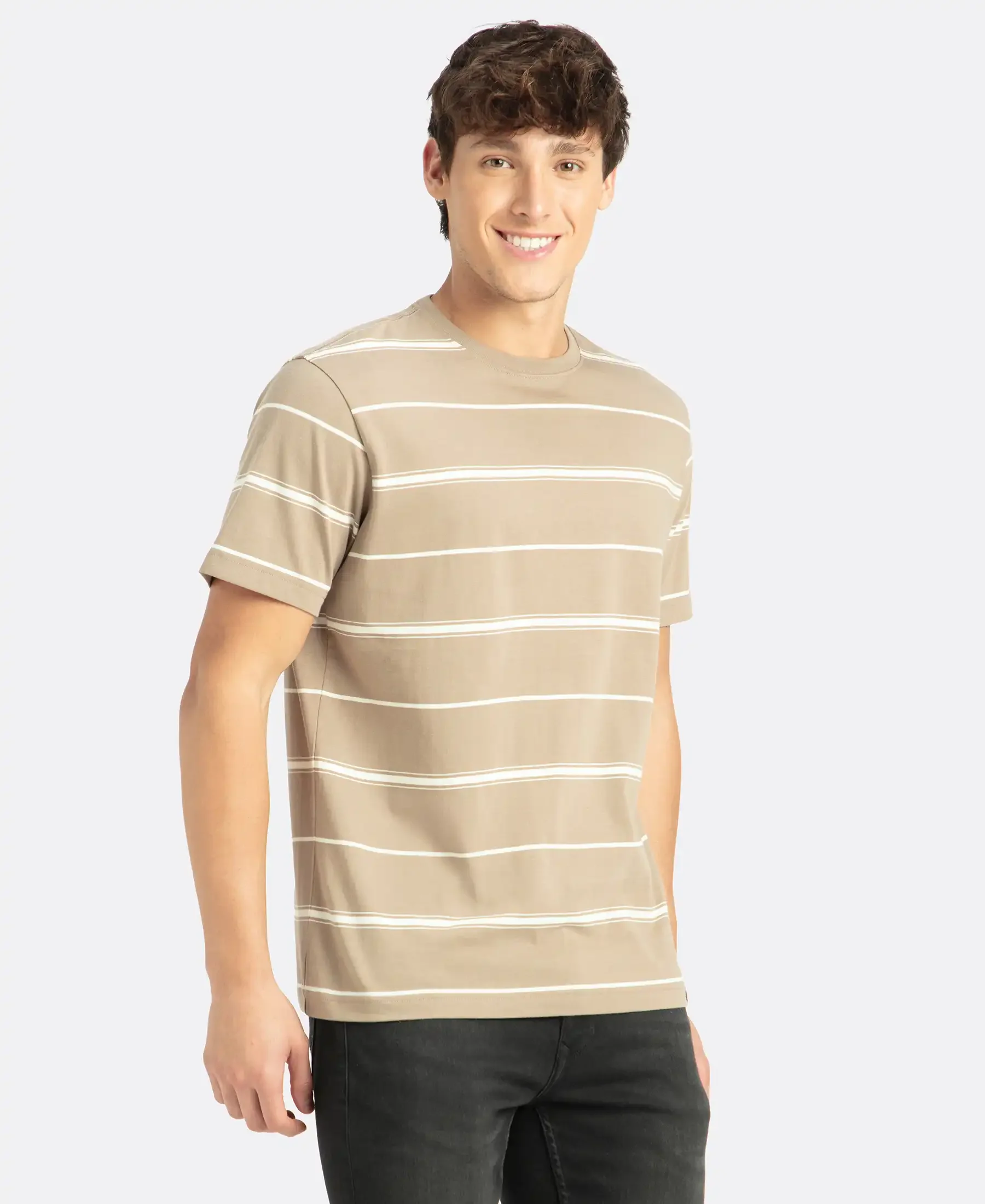 Super Combed Cotton Rich Striped Round Neck Half Sleeve T-Shirt - Desert Taupe & Ecru - Image 2