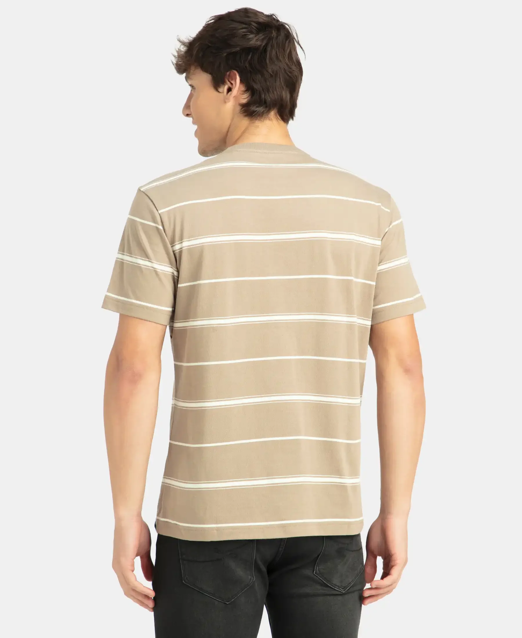 Super Combed Cotton Rich Striped Round Neck Half Sleeve T-Shirt - Desert Taupe & Ecru - Image 3