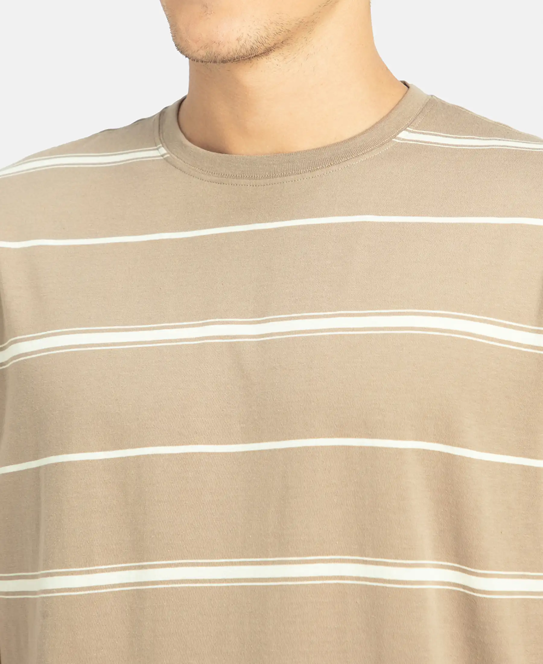 Super Combed Cotton Rich Striped Round Neck Half Sleeve T-Shirt - Desert Taupe & Ecru - Image 7