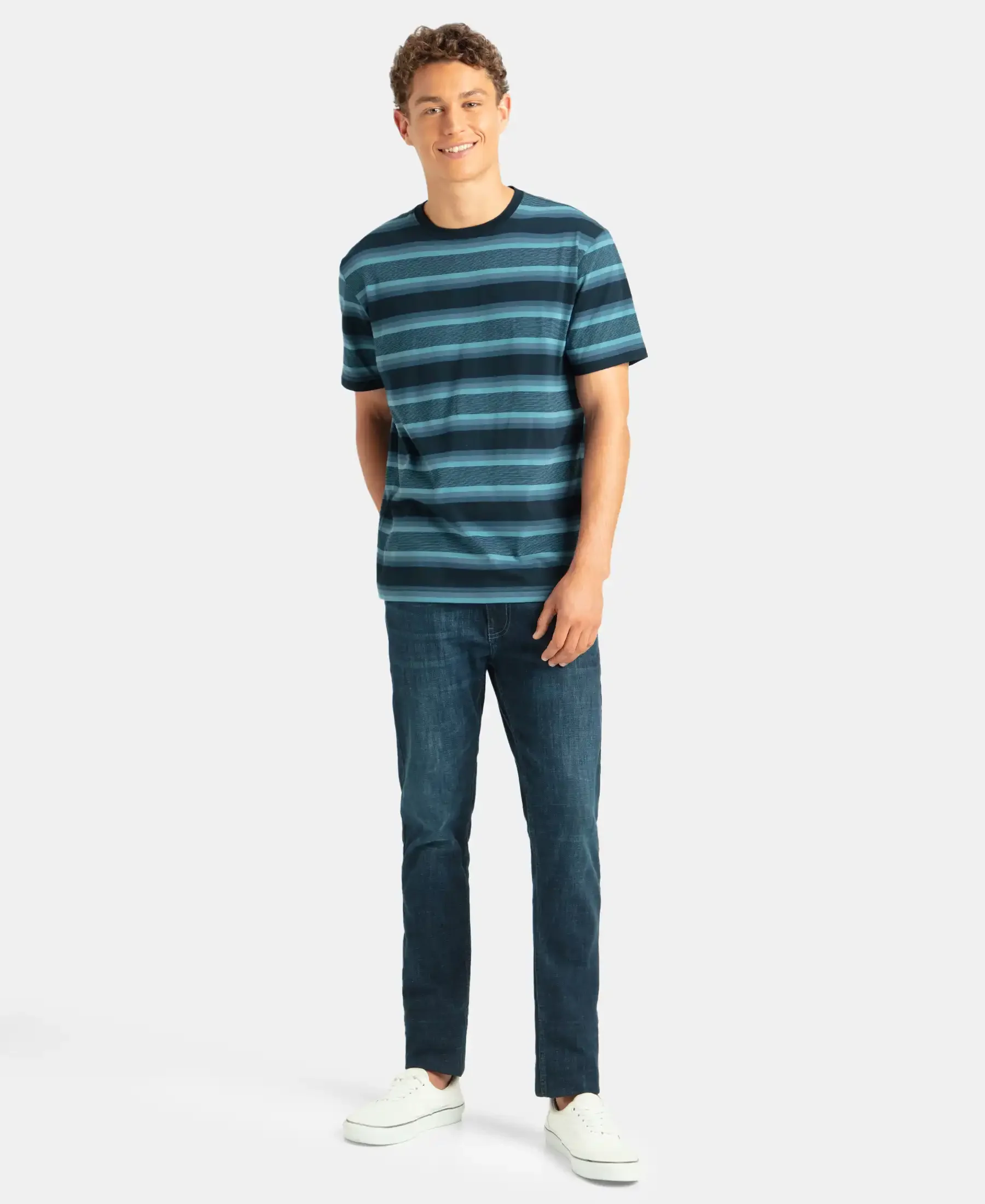 Super Combed Cotton Rich Striped Round Neck Half Sleeve T-Shirt - Navy, Insignia Blue & Stellar - Image 4