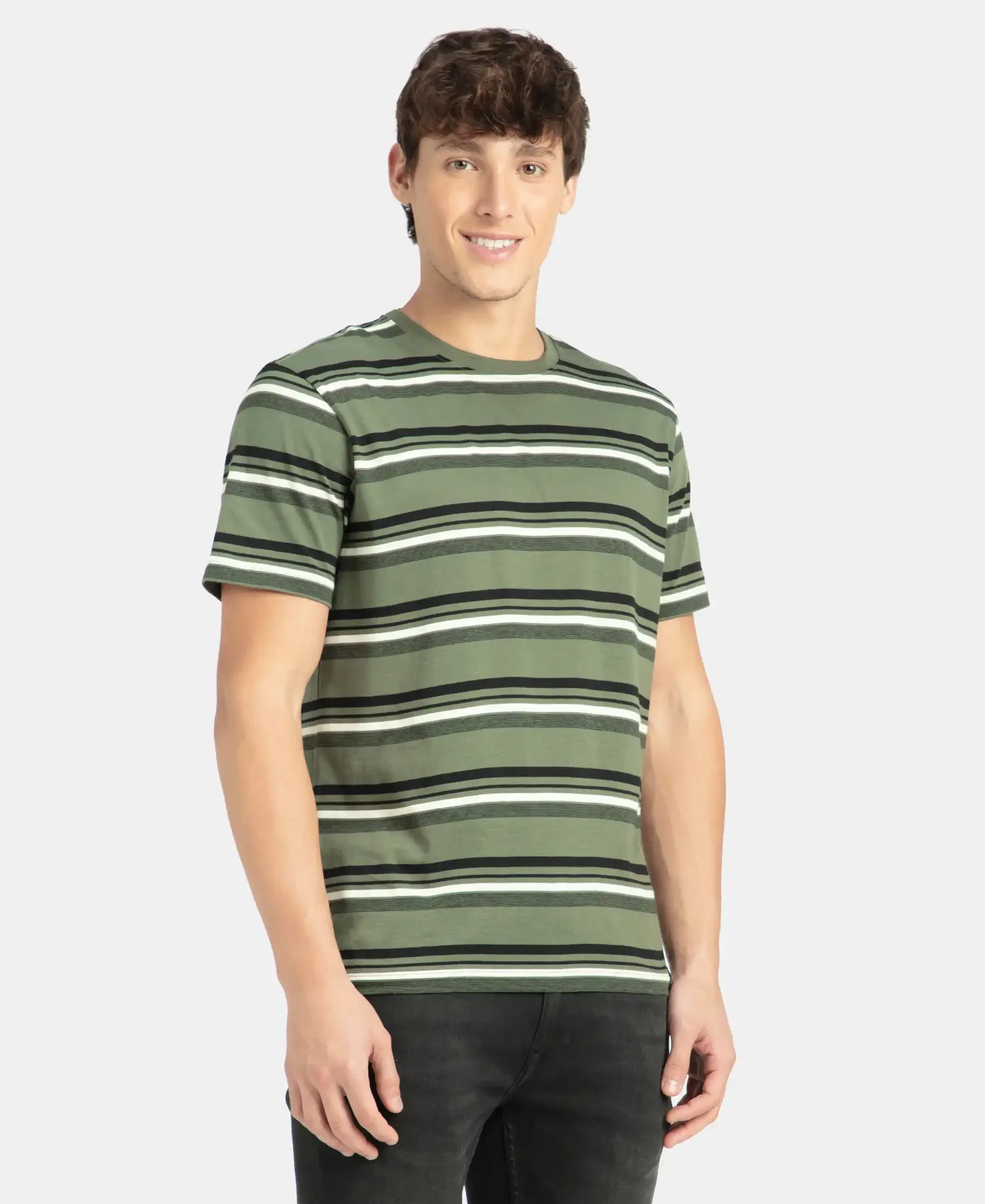 Super Combed Cotton Rich Striped Round Neck Half Sleeve T-Shirt - Thyme, Ecru & Black - Image 2