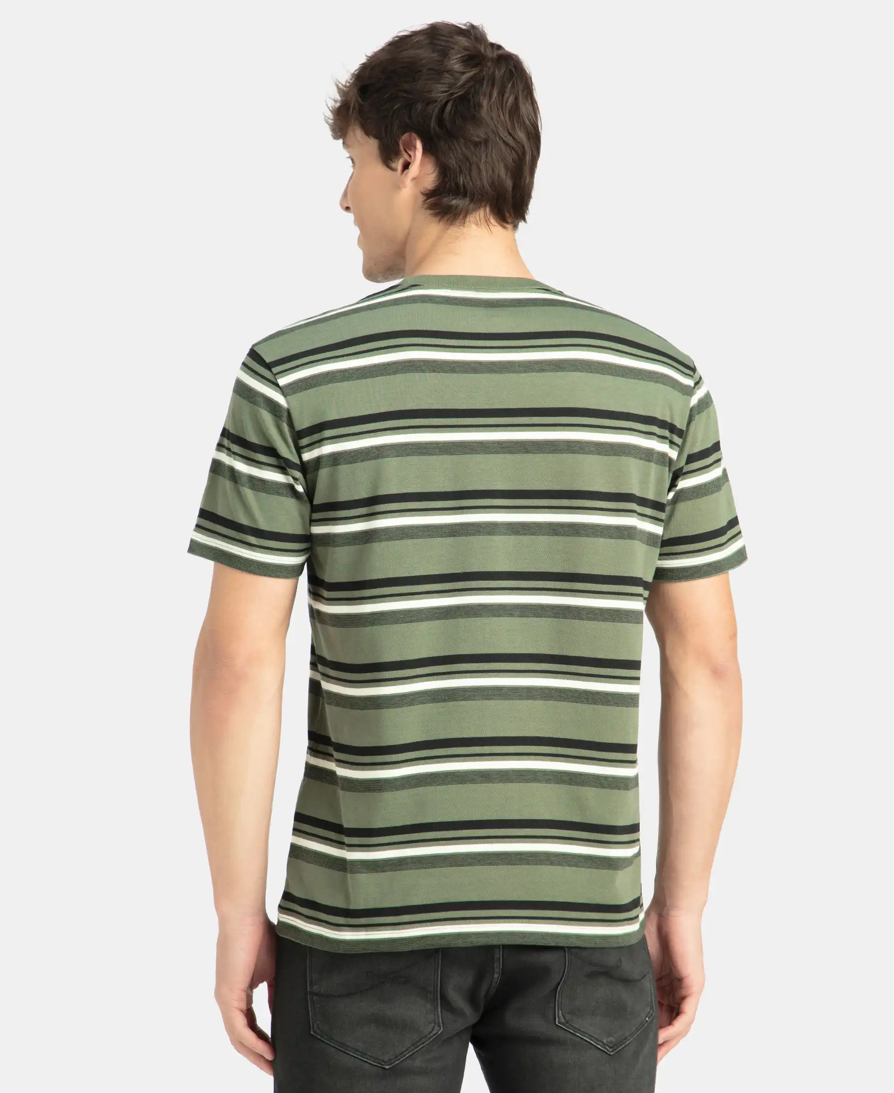 Super Combed Cotton Rich Striped Round Neck Half Sleeve T-Shirt - Thyme, Ecru & Black - Image 3