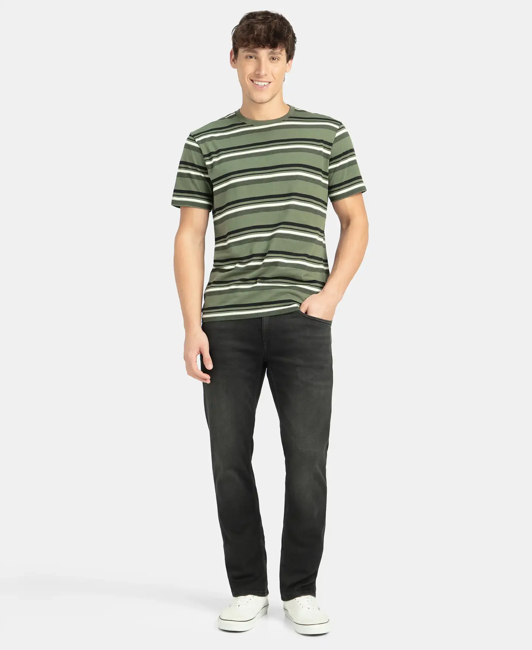 Super Combed Cotton Rich Striped Round Neck Half Sleeve T-Shirt - Thyme, Ecru & Black - Image 4