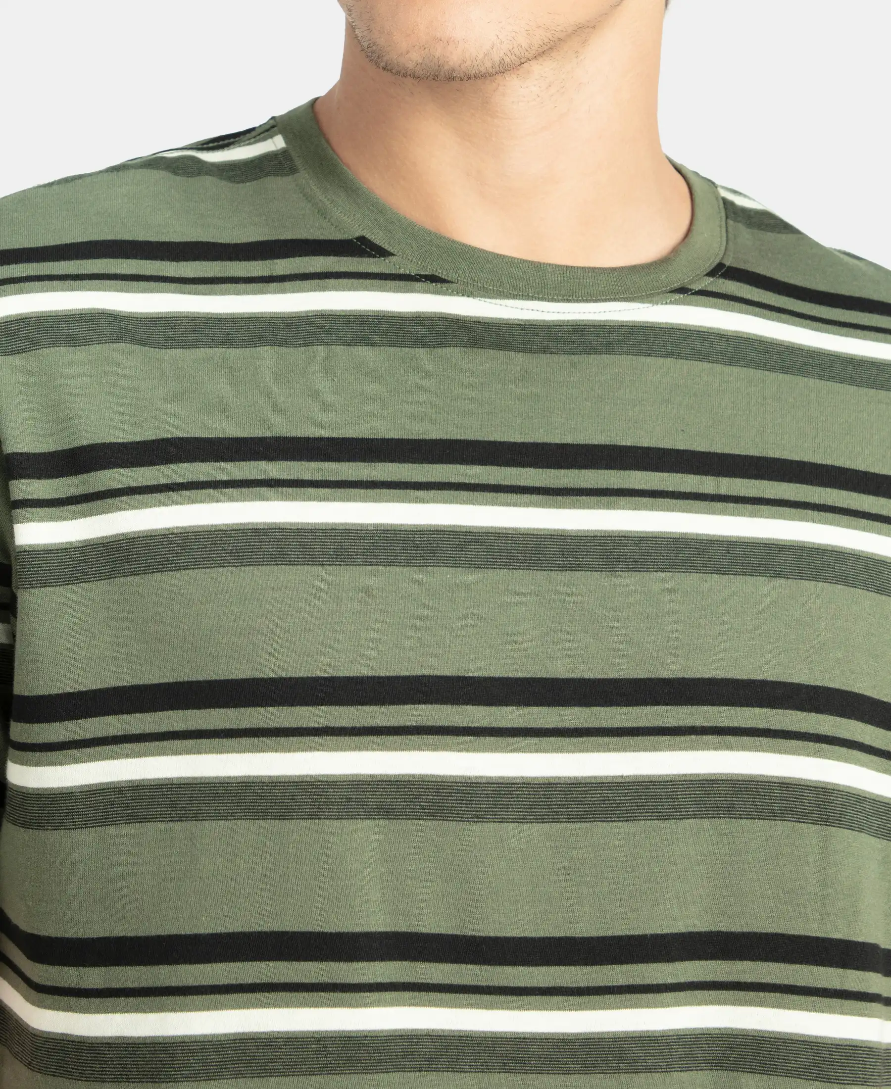 Super Combed Cotton Rich Striped Round Neck Half Sleeve T-Shirt - Thyme, Ecru & Black - Image 7