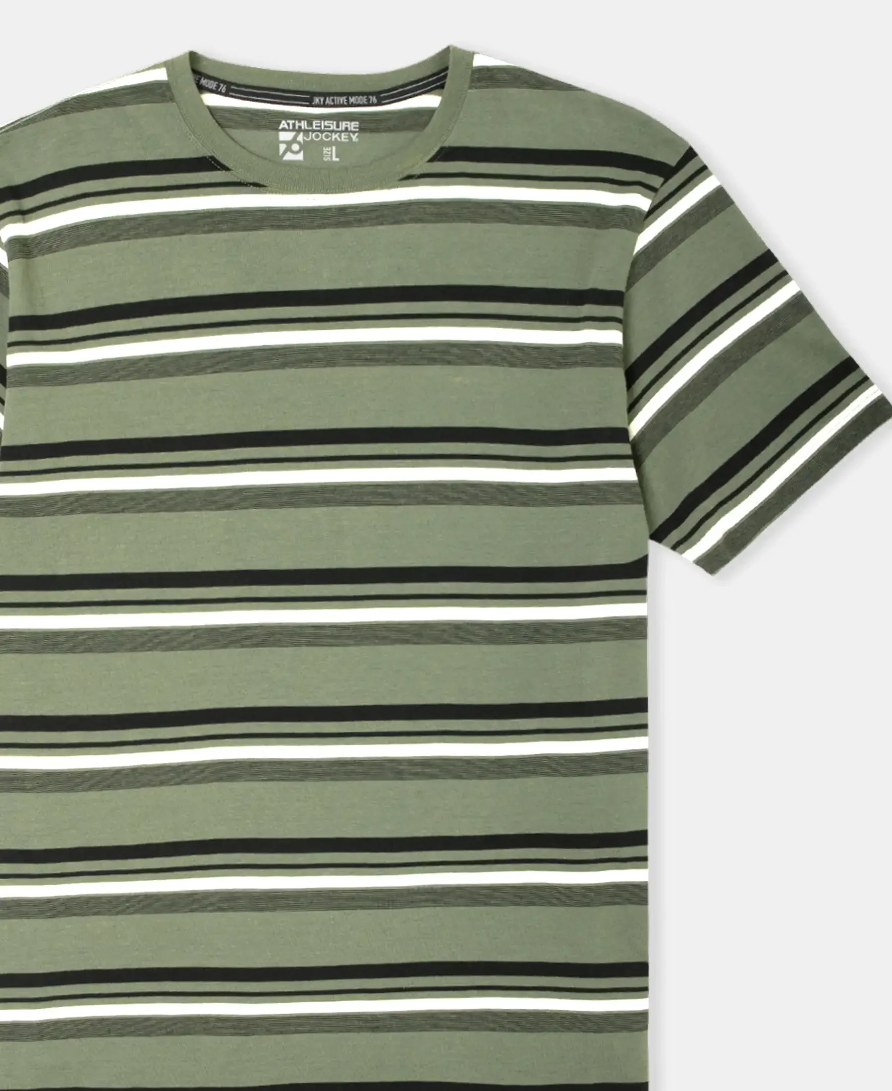 Super Combed Cotton Rich Striped Round Neck Half Sleeve T-Shirt - Thyme, Ecru & Black - Image 9