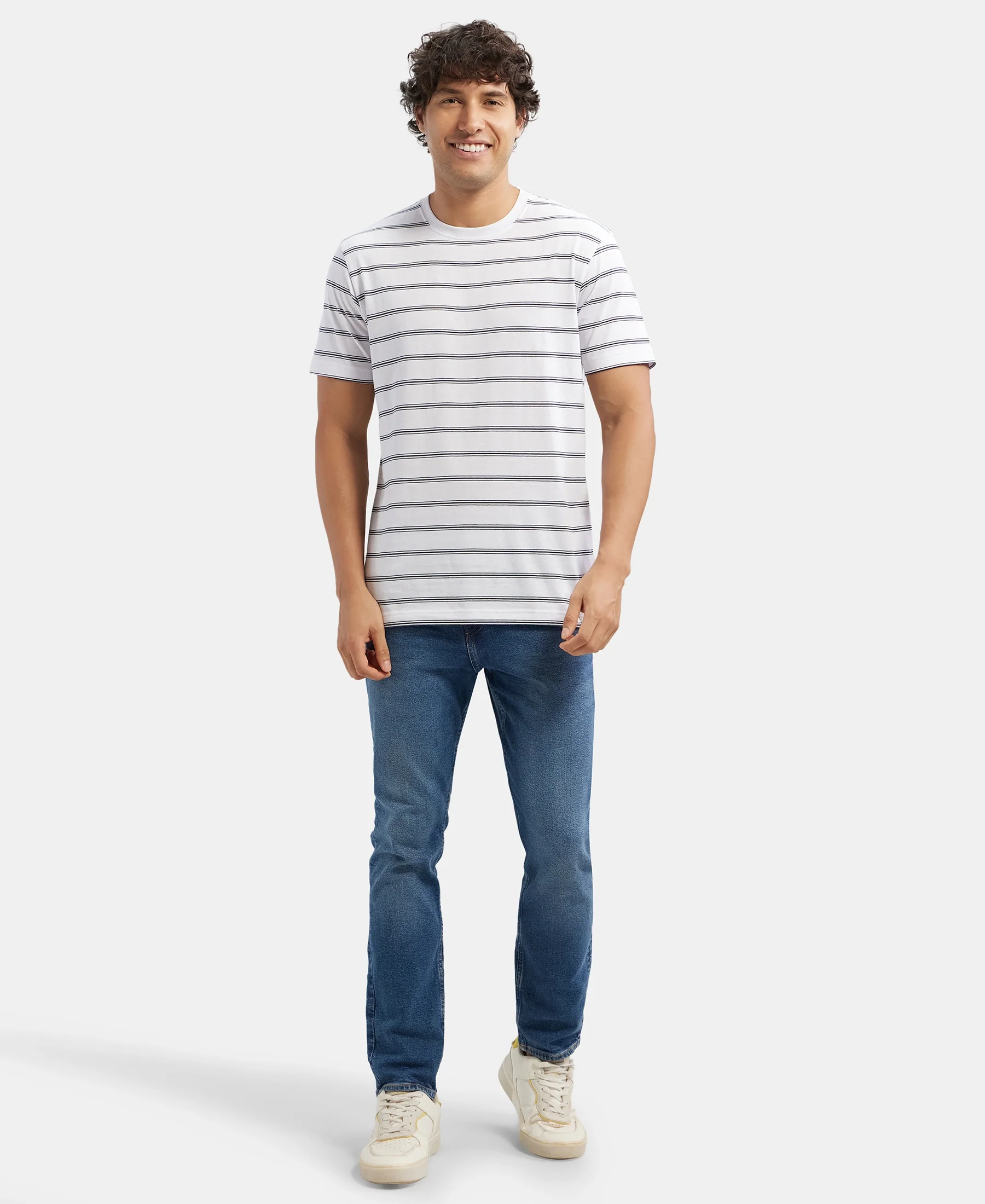 Super Combed Cotton Rich Striped Round Neck Half Sleeve T-Shirt - White & Navy - Image 4