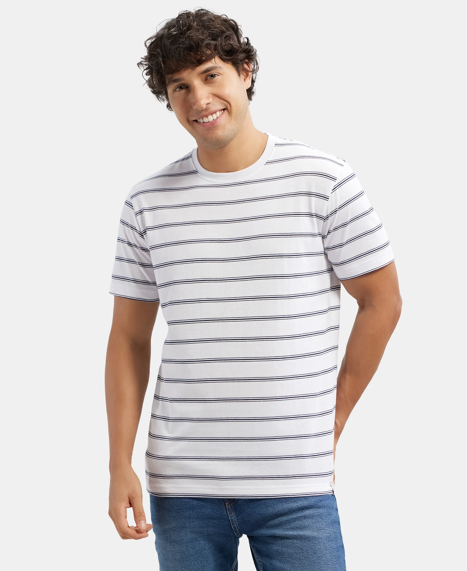 Super Combed Cotton Rich Striped Round Neck Half Sleeve T-Shirt - White & Navy - Image 5