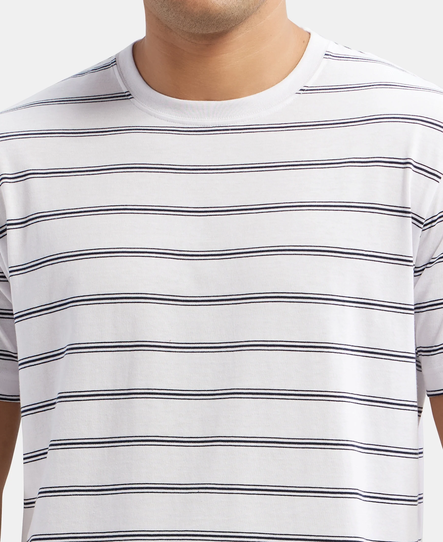 Super Combed Cotton Rich Striped Round Neck Half Sleeve T-Shirt - White & Navy - Image 7
