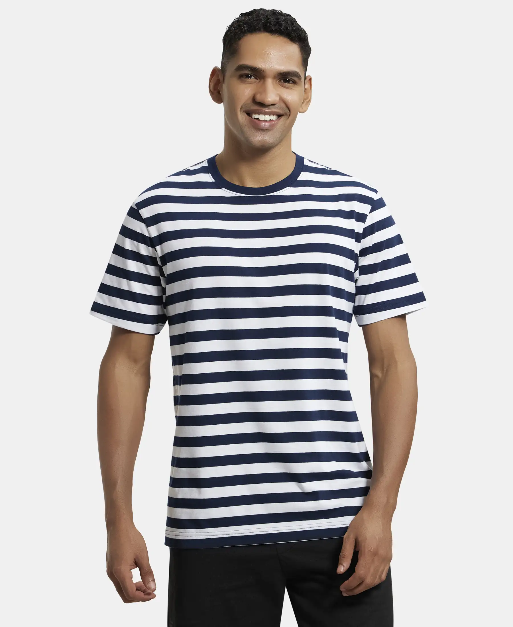 Super Combed Cotton Rich Striped Round Neck Half Sleeve T-Shirt - White & Navy