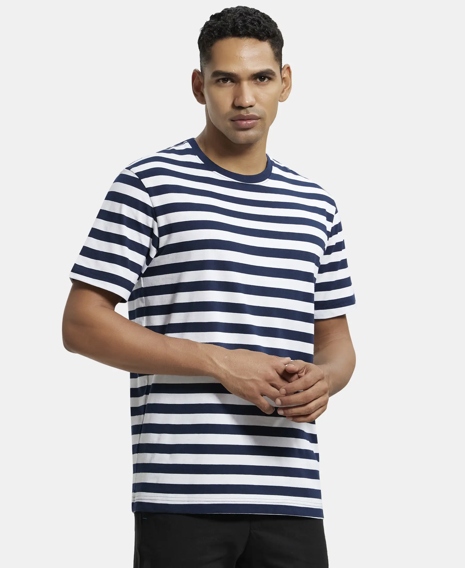 Super Combed Cotton Rich Striped Round Neck Half Sleeve T-Shirt - White & Navy - Image 2