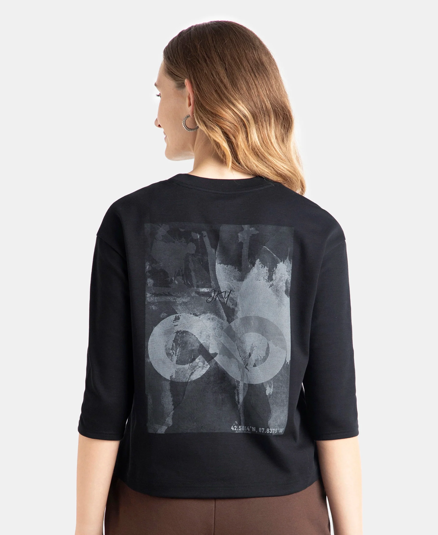 Super Combed Cotton Rich Three Quarter Sleeve Graphic Printed T-Shirt - Deep Black - Image 5