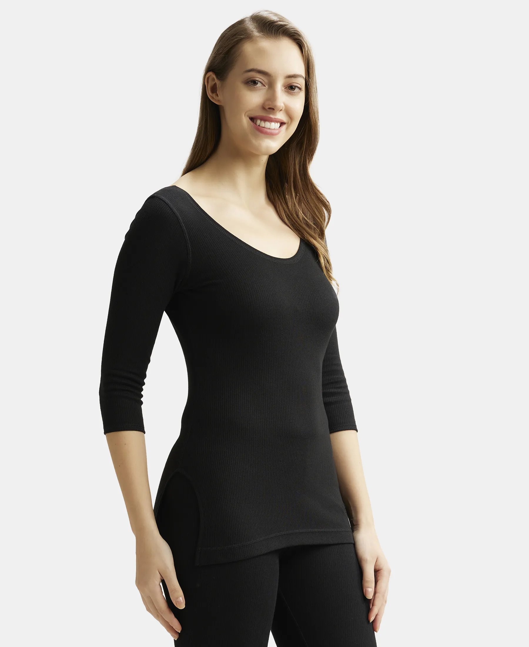 Extra Warmth Super Combed Cotton Rich Three Quarter Sleeve Thermal Top with StayWarm Technology - Black - Image 2