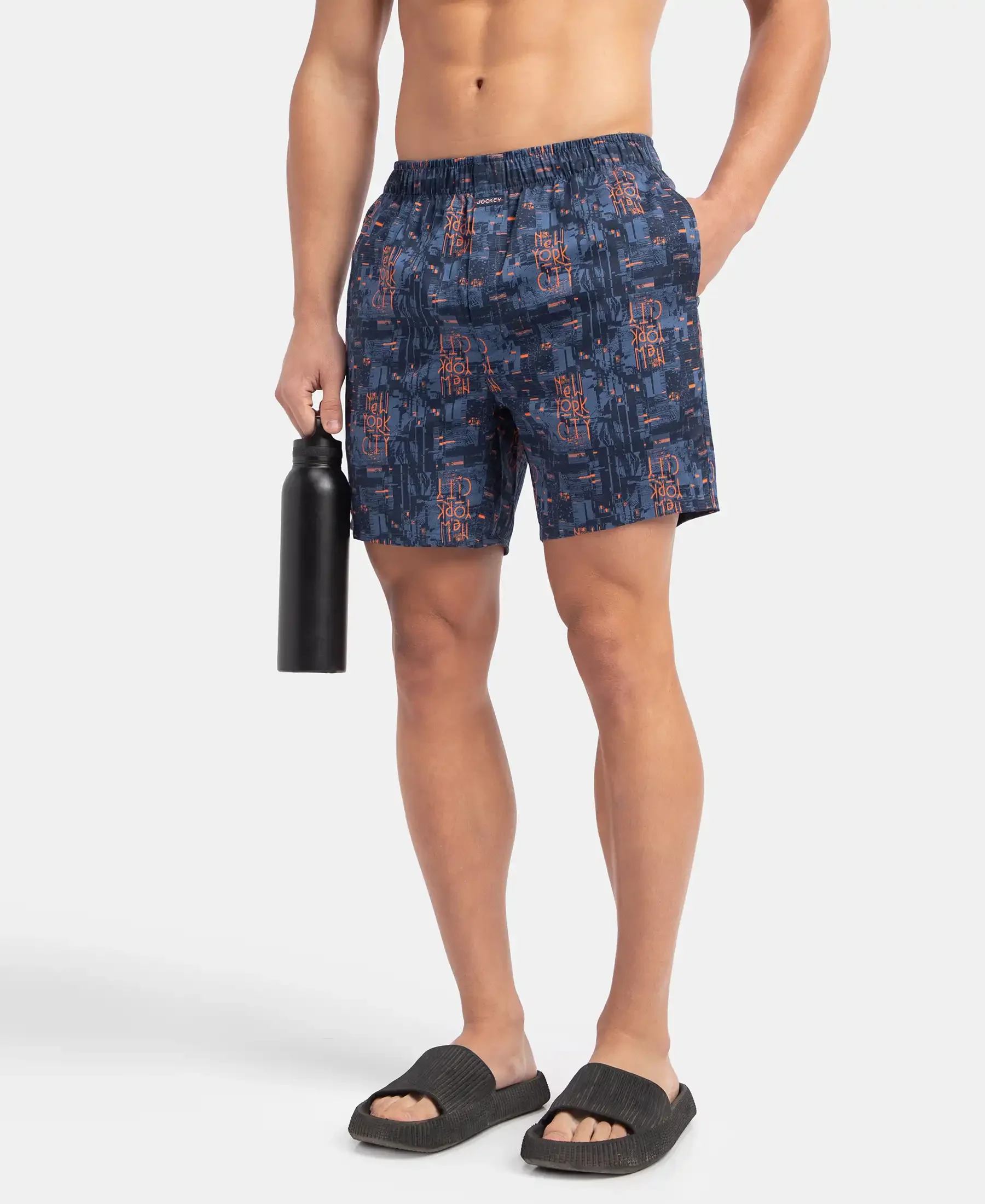 Super Combed Cotton Satin Weave Printed Boxer Shorts with Side Pocket - Navy - Image 5