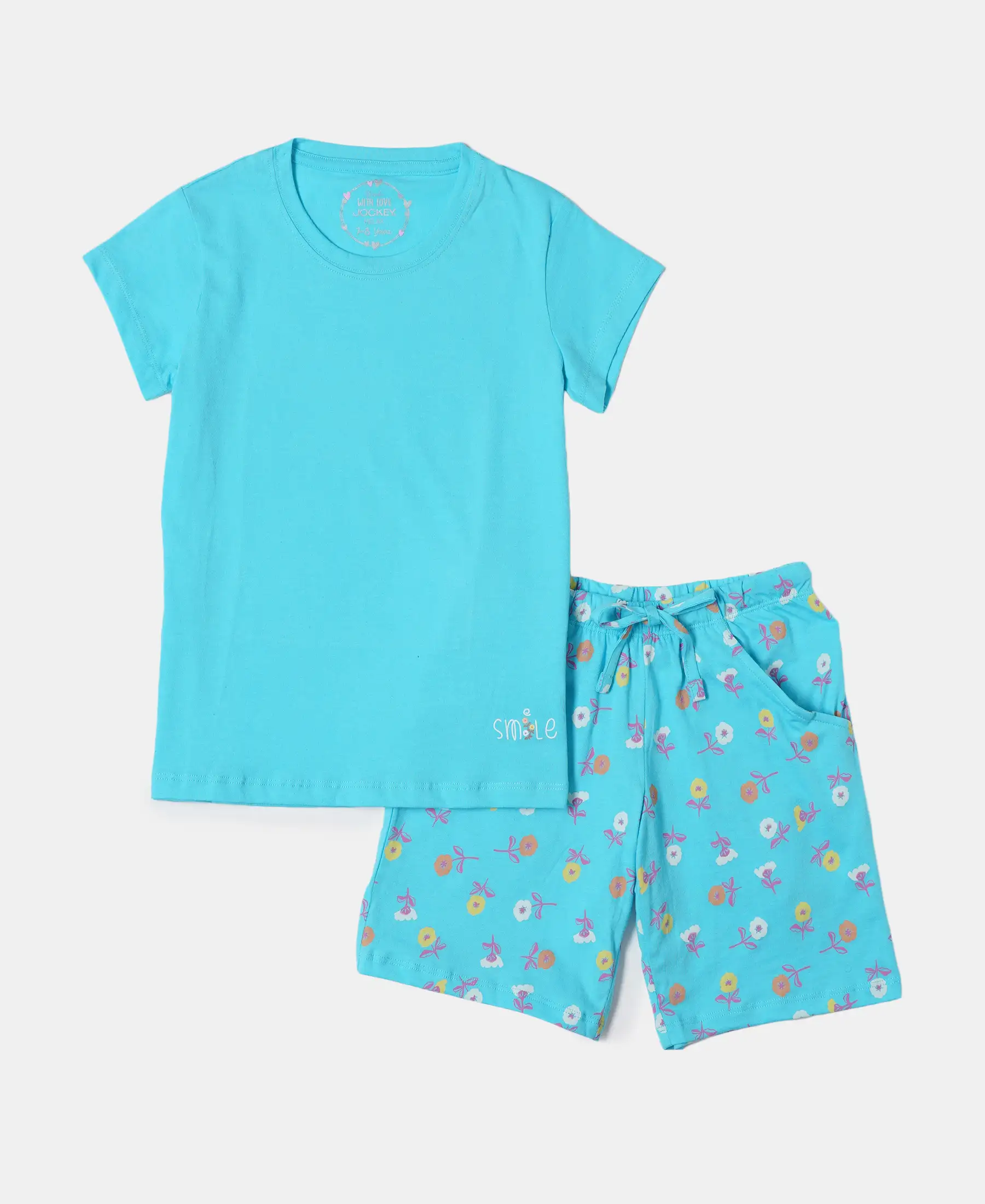 Girl's Super Combed Cotton Short Sleeve T-Shirt and Printed Shorts Set - Blue Curacao - Image 4