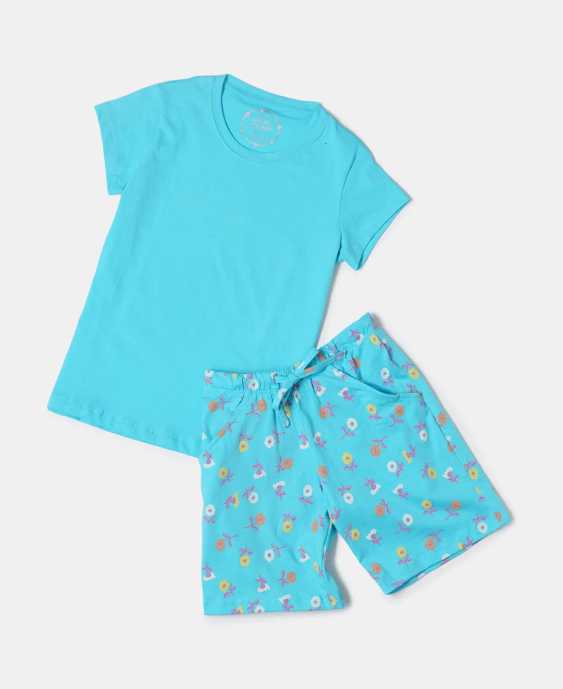 Girl's Super Combed Cotton Short Sleeve T-Shirt and Printed Shorts Set - Blue Curacao - Image 5