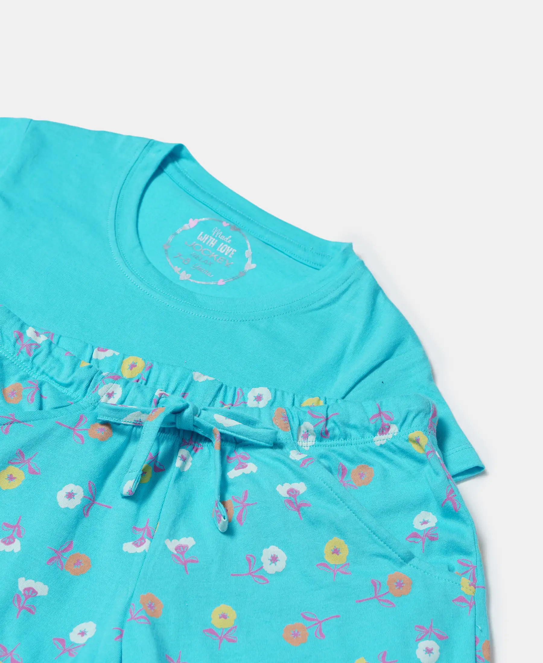 Girl's Super Combed Cotton Short Sleeve T-Shirt and Printed Shorts Set - Blue Curacao - Image 6