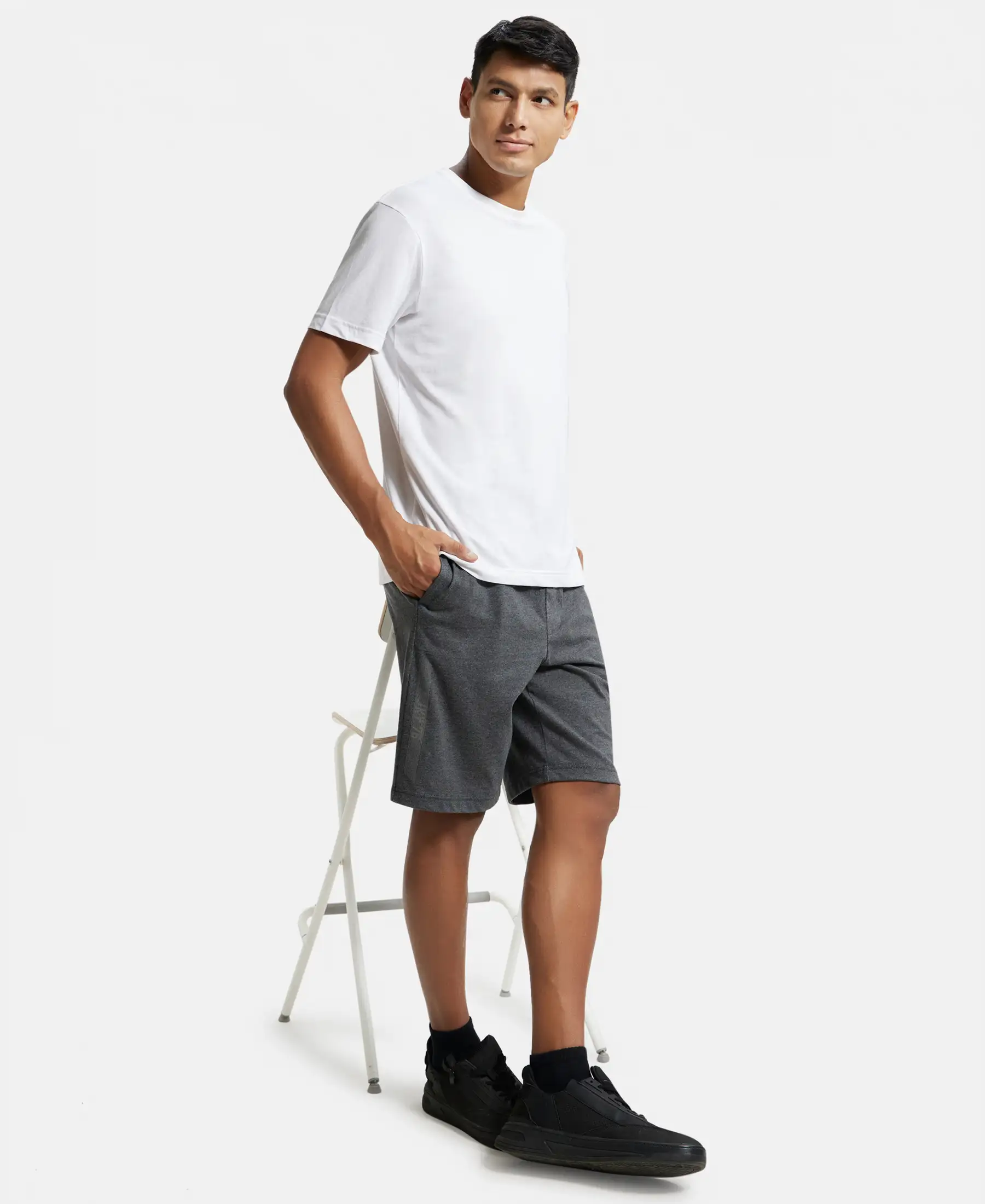 Super Combed Cotton Rich Straight Fit Shorts with Side Pockets - Charcoal Melange - Image 6