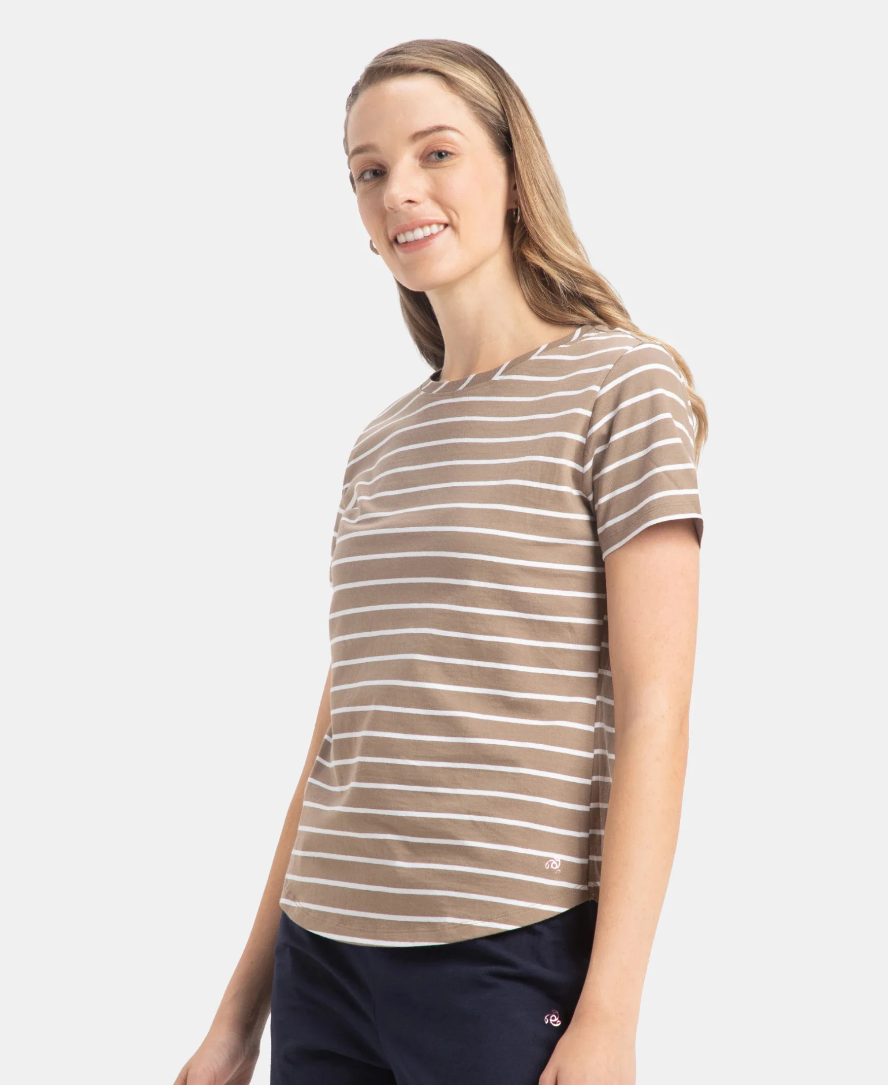 Super Combed Cotton Stripe Fabric Relaxed Fit Round Neck Half Sleeve T-Shirt with Curved Hem Styling - Desert Taupe - Image 2