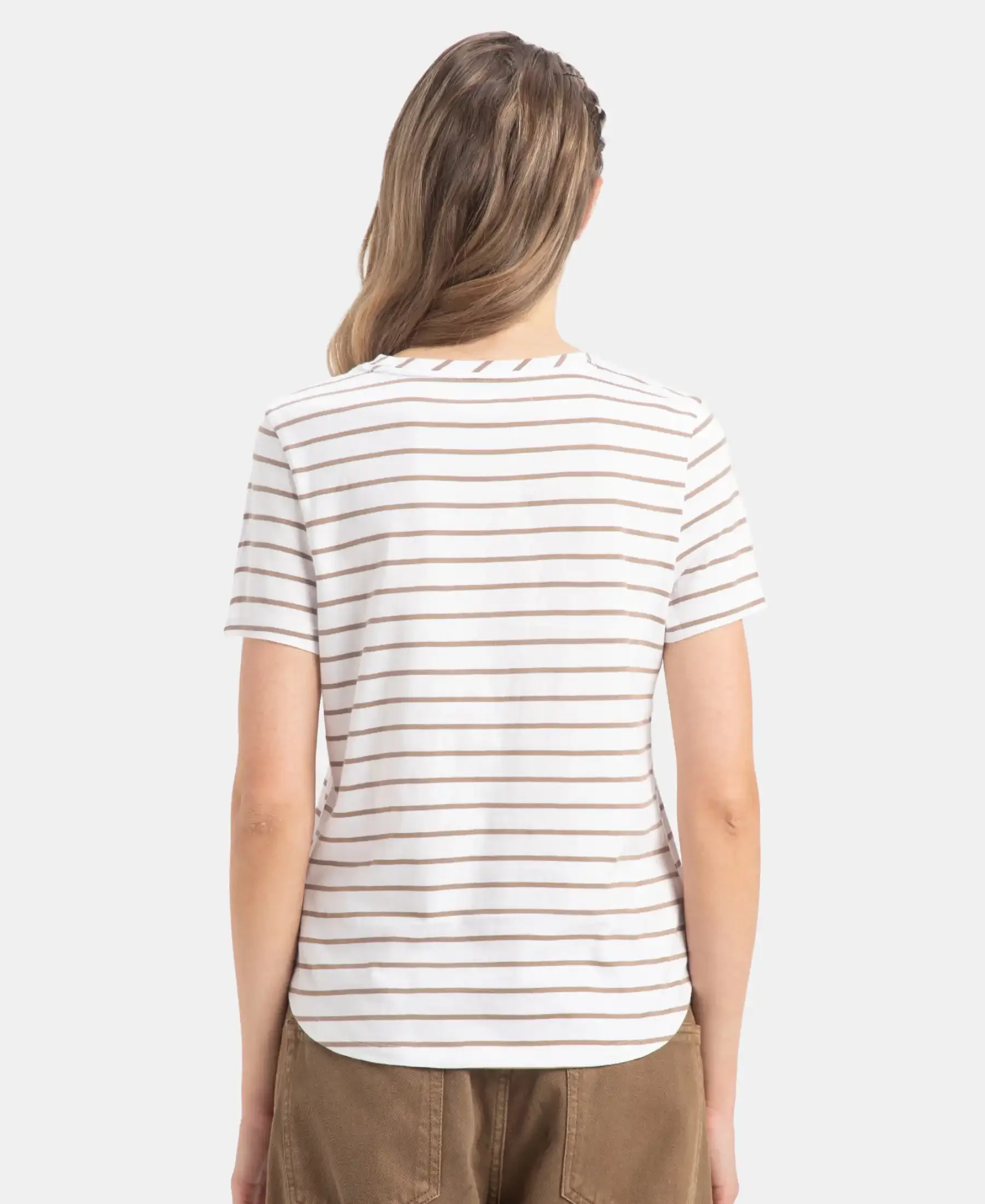 Super Combed Cotton Stripe Fabric Relaxed Fit Round Neck Half Sleeve T-Shirt with Curved Hem Styling - White - Image 3