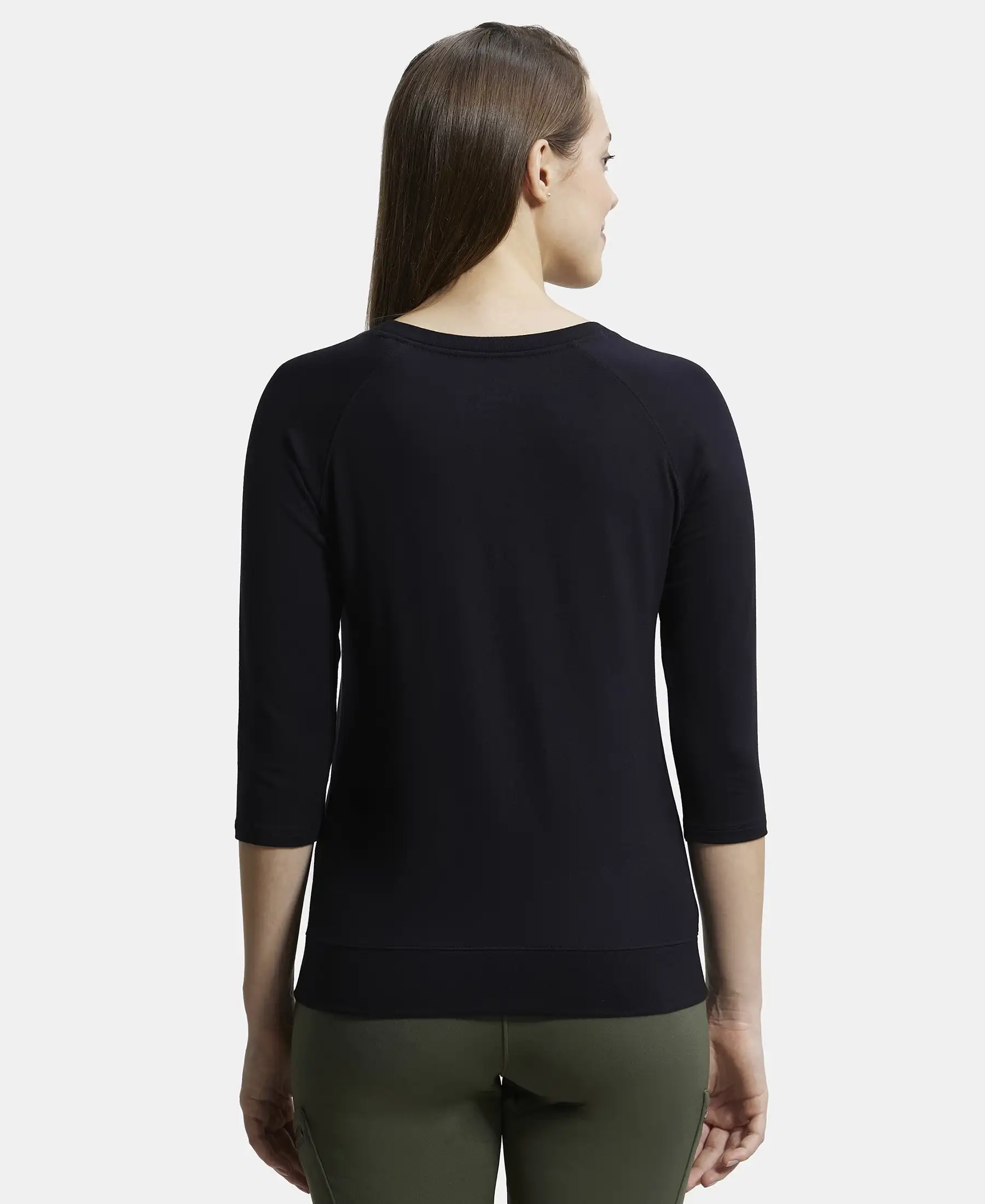 Super Combed Cotton Viscose Elastane Stretch Regular Fit Solid Round Neck Three Quarter Sleeve T-Shirt - Black - Image 3