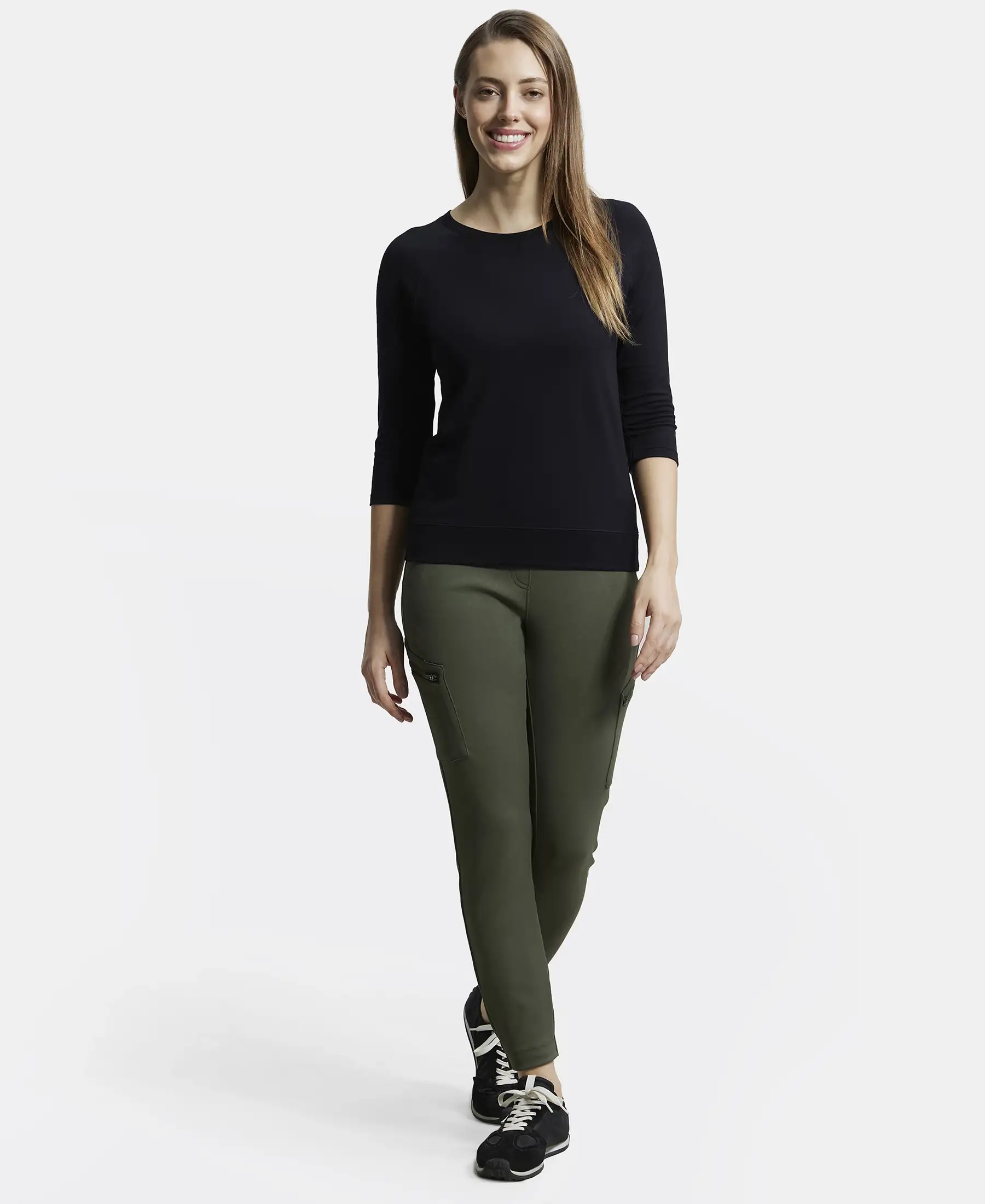 Super Combed Cotton Viscose Elastane Stretch Regular Fit Solid Round Neck Three Quarter Sleeve T-Shirt - Black - Image 4