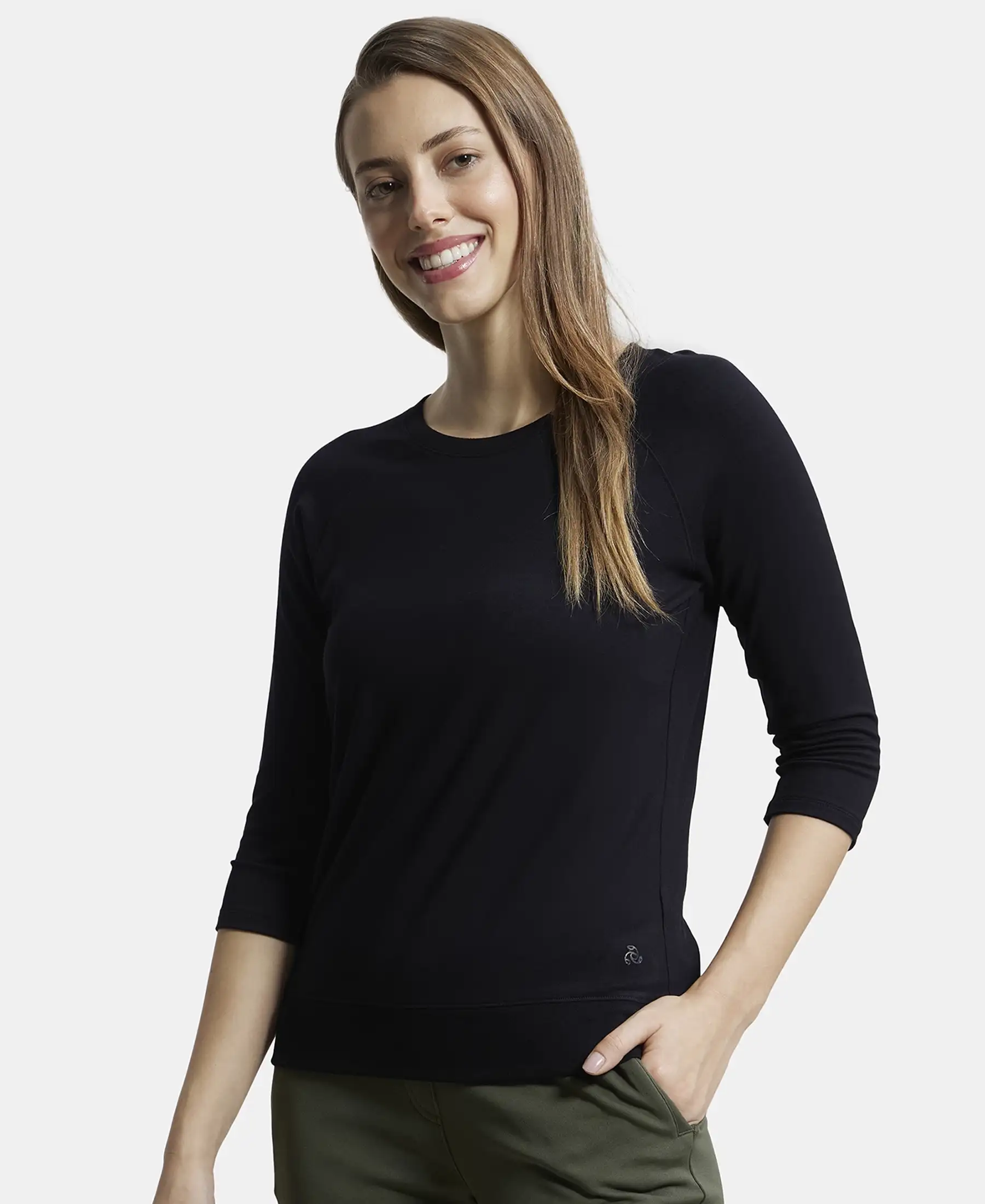 Super Combed Cotton Viscose Elastane Stretch Regular Fit Solid Round Neck Three Quarter Sleeve T-Shirt - Black - Image 5