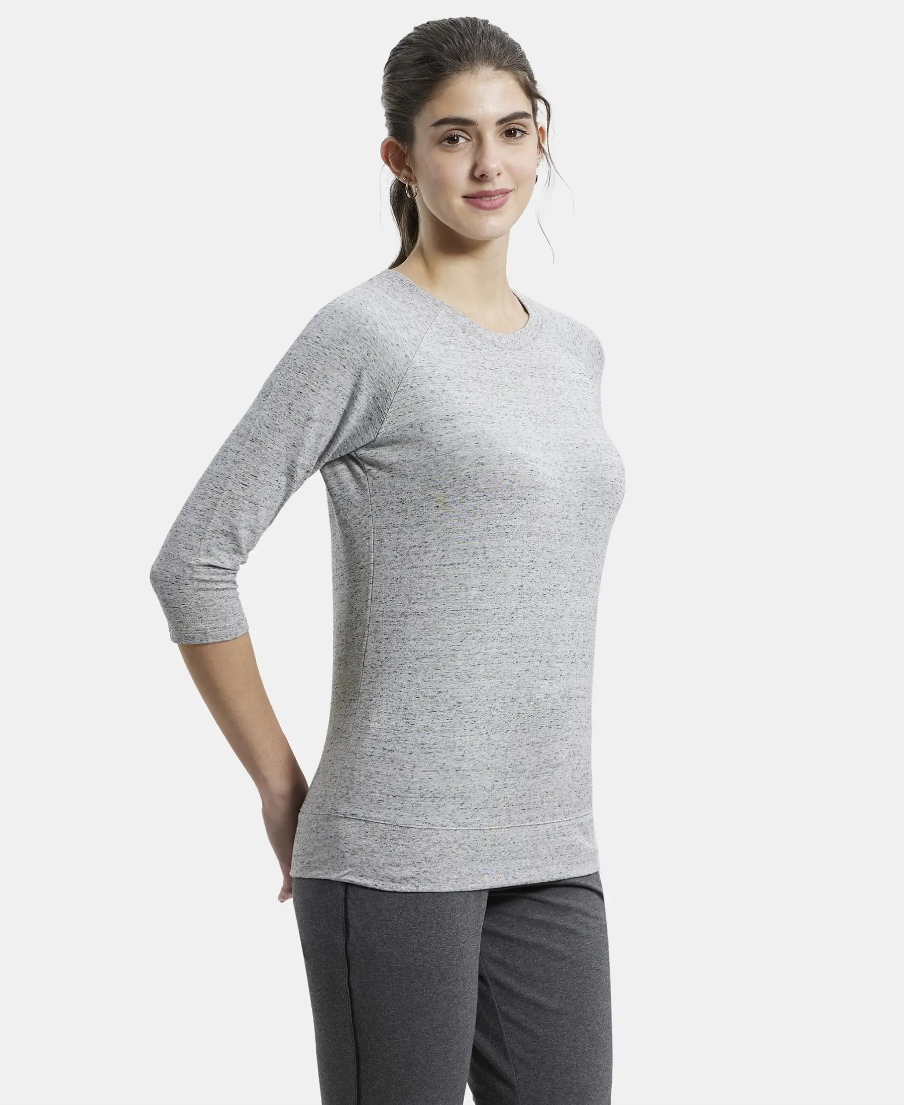 Super Combed Cotton Viscose Elastane Stretch Regular Fit Solid Round Neck Three Quarter Sleeve T-Shirt - Grey Snow Melange - Image 2