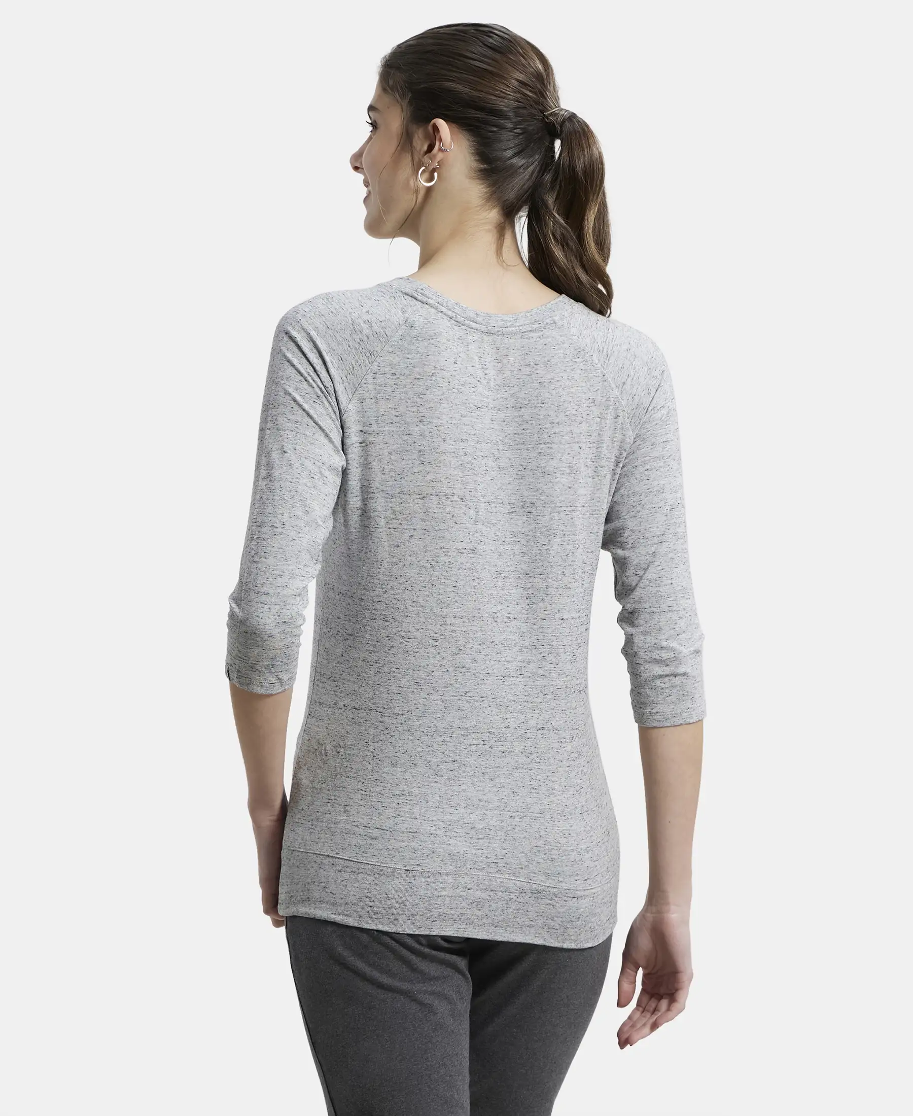 Super Combed Cotton Viscose Elastane Stretch Regular Fit Solid Round Neck Three Quarter Sleeve T-Shirt - Grey Snow Melange - Image 3