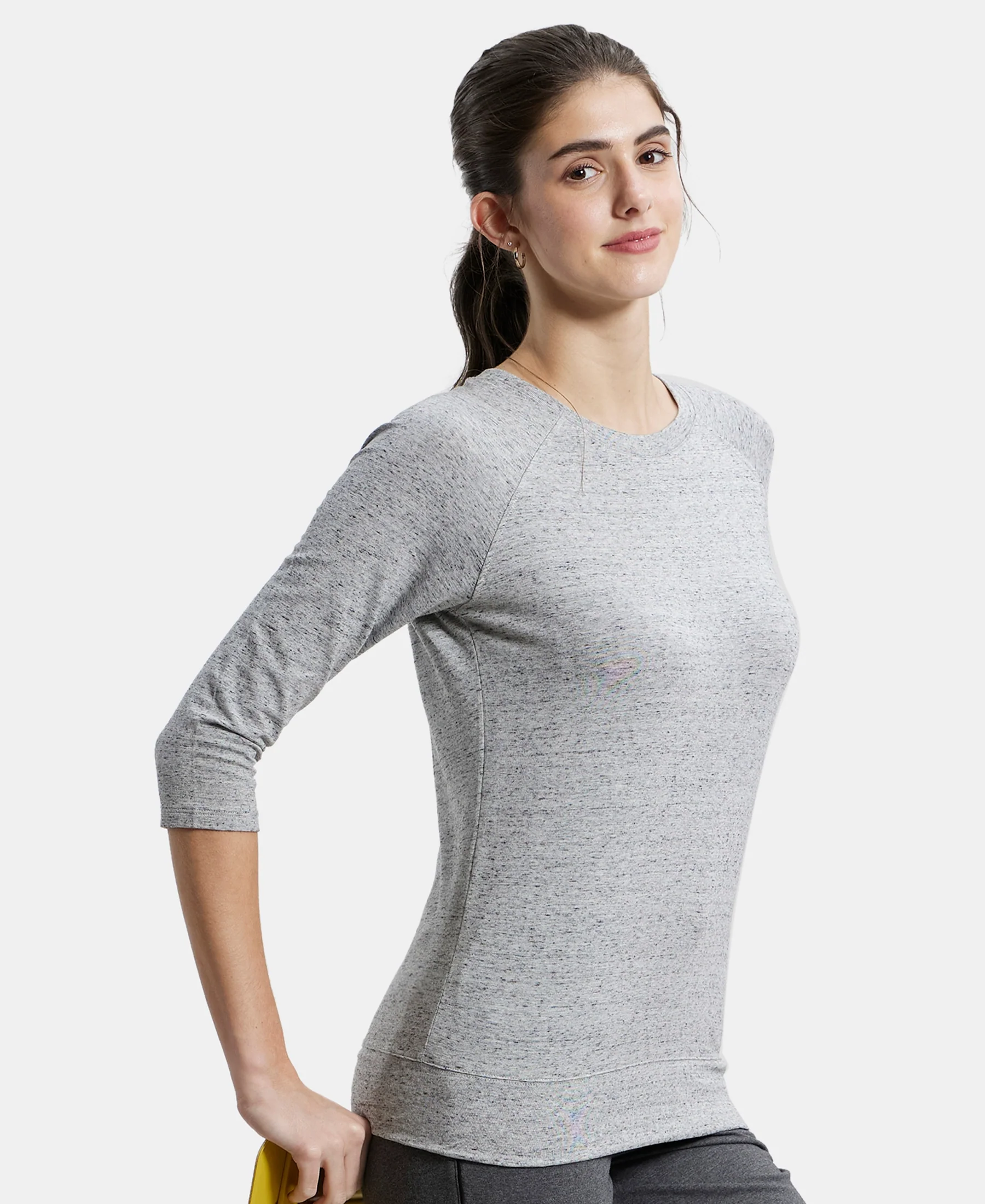 Super Combed Cotton Viscose Elastane Stretch Regular Fit Solid Round Neck Three Quarter Sleeve T-Shirt - Grey Snow Melange - Image 5