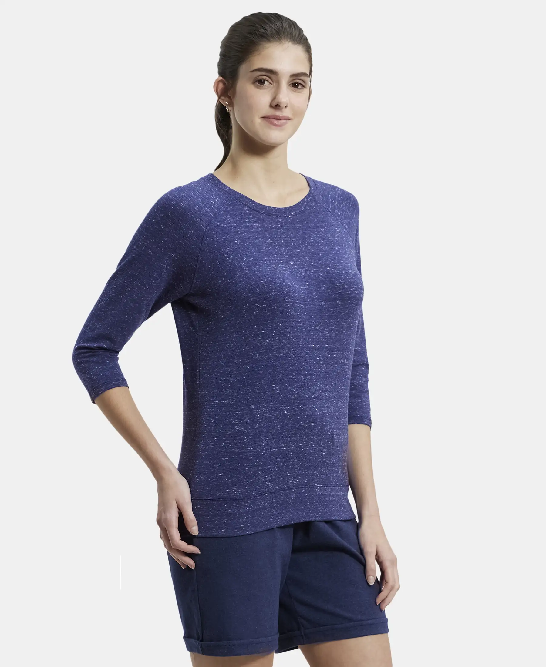 Super Combed Cotton Viscose Elastane Stretch Regular Fit Solid Round Neck Three Quarter Sleeve T-Shirt - Imperial Blue Snow Melange
