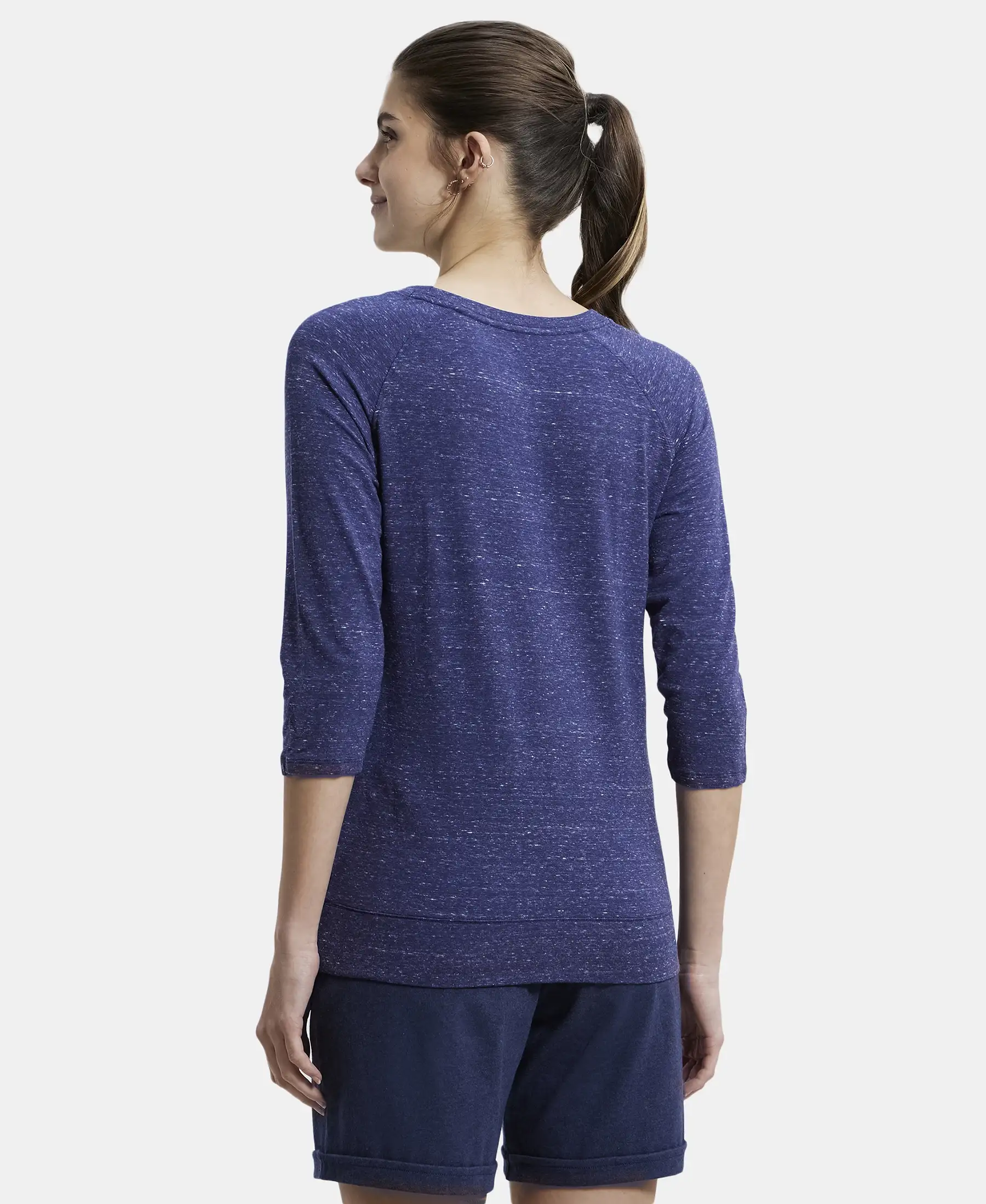 Super Combed Cotton Viscose Elastane Stretch Regular Fit Solid Round Neck Three Quarter Sleeve T-Shirt - Imperial Blue Snow Melange - Image 3