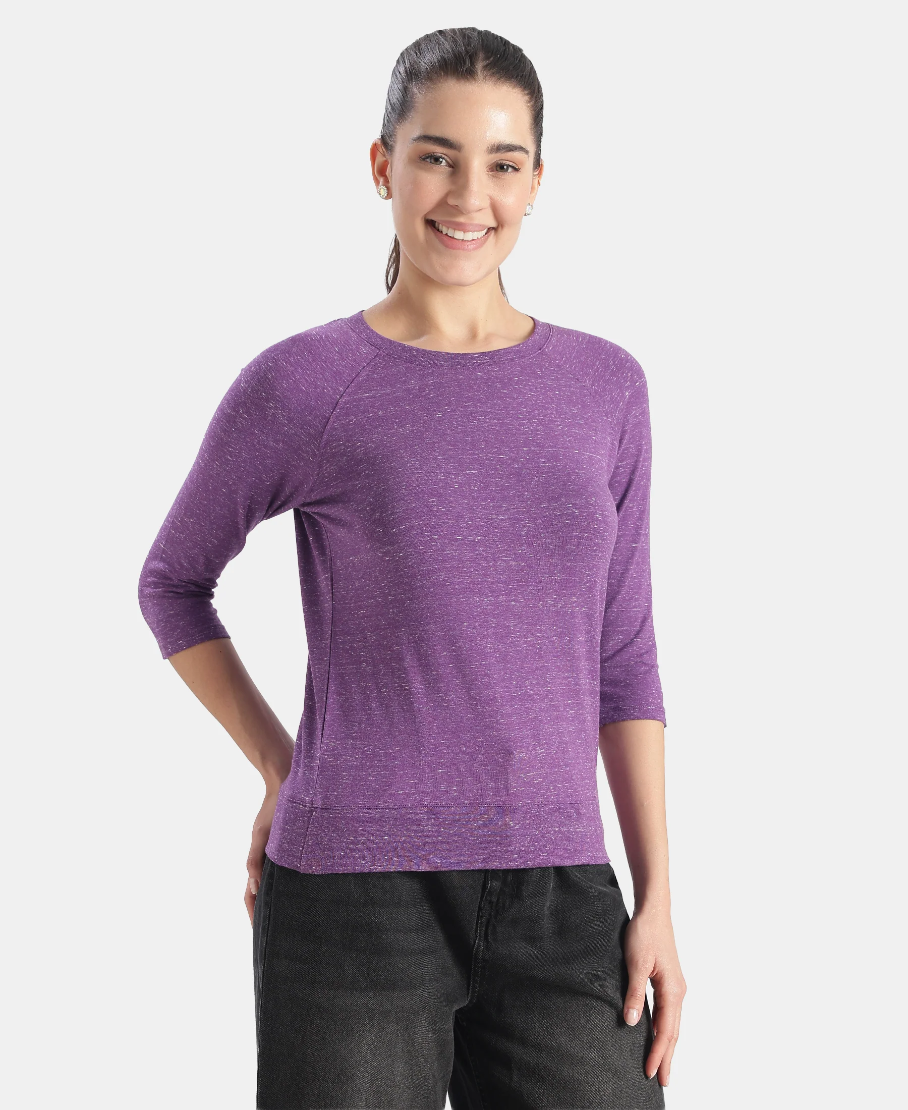 Super Combed Cotton Viscose Elastane Stretch Regular Fit Solid Round Neck Three Quarter Sleeve T-Shirt - Amaranth Purple Snow Melange - Image 2