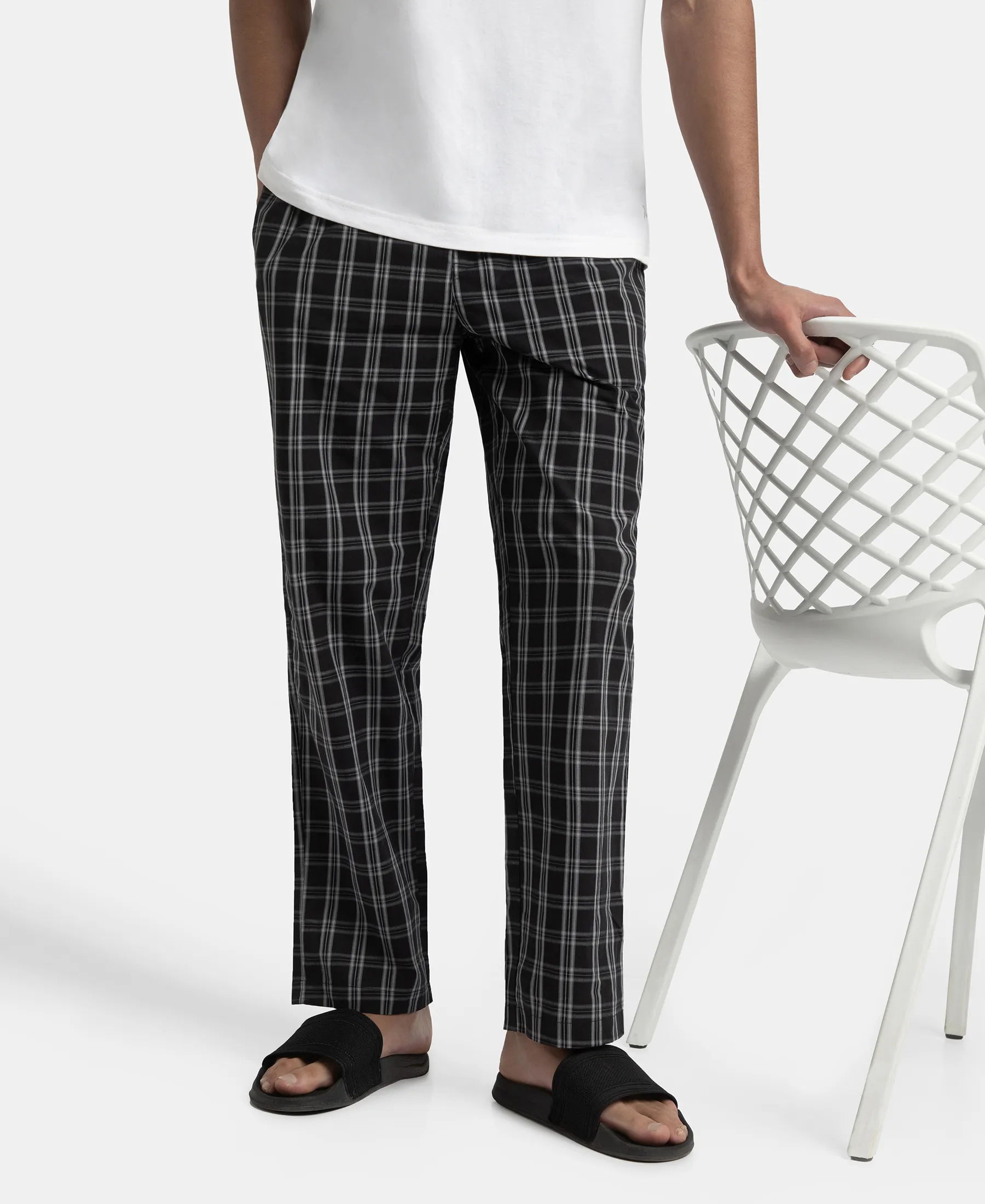Super Combed Cotton Woven Fabric Regular Fit Checkered Pyjama with Side Pockets - Black & White - Image 5