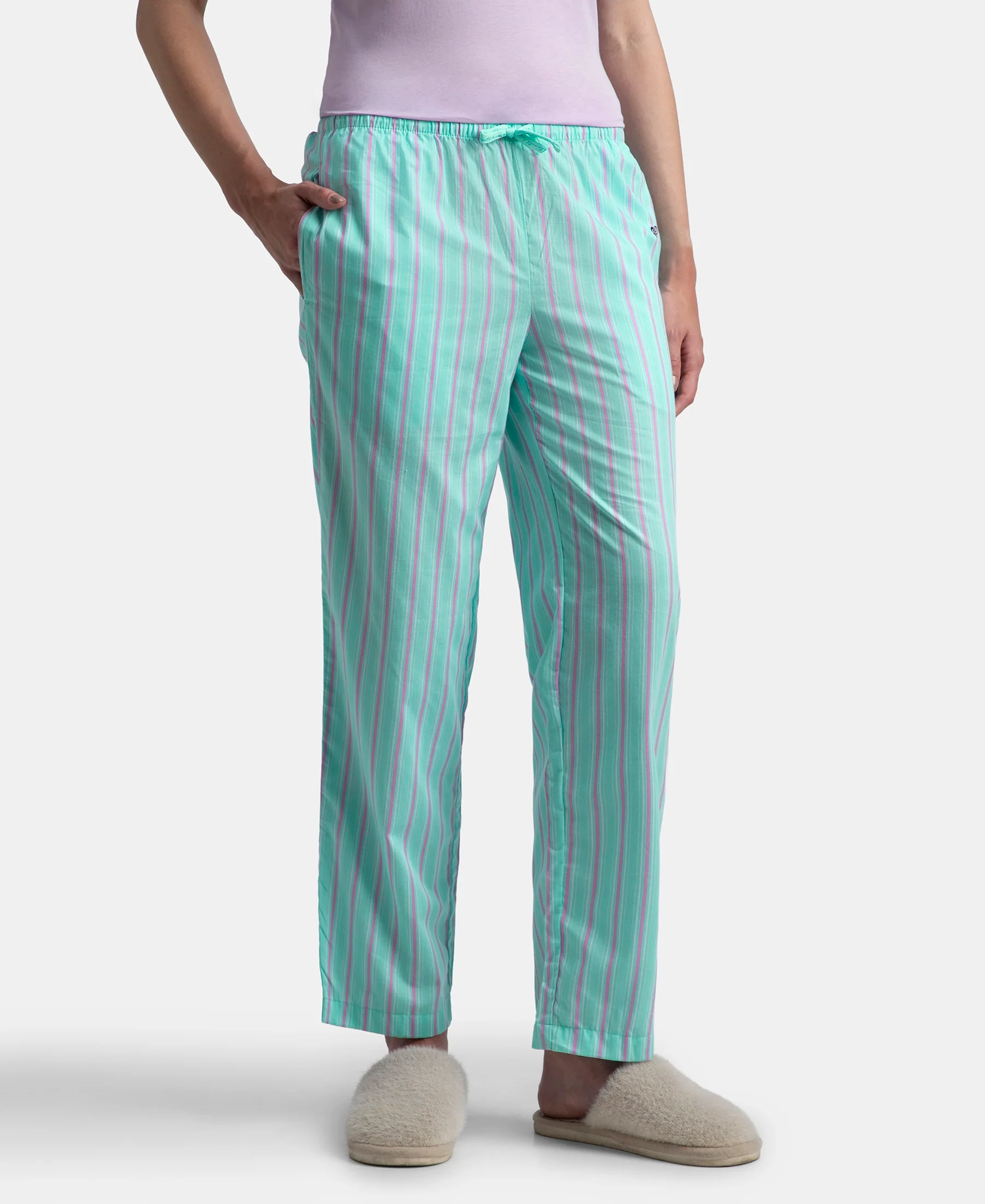 Super Combed Cotton Woven Fabric Relaxed Fit Striped Pyjama with Side Pockets - Aqua Sky - Image 2