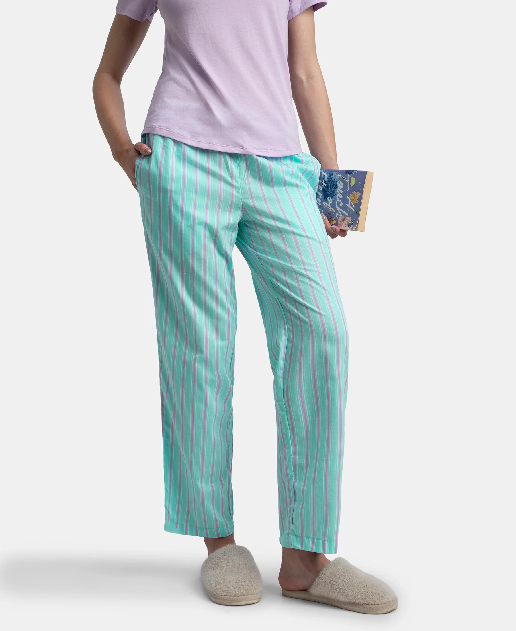 Super Combed Cotton Woven Fabric Relaxed Fit Striped Pyjama with Side Pockets - Aqua Sky - Image 5