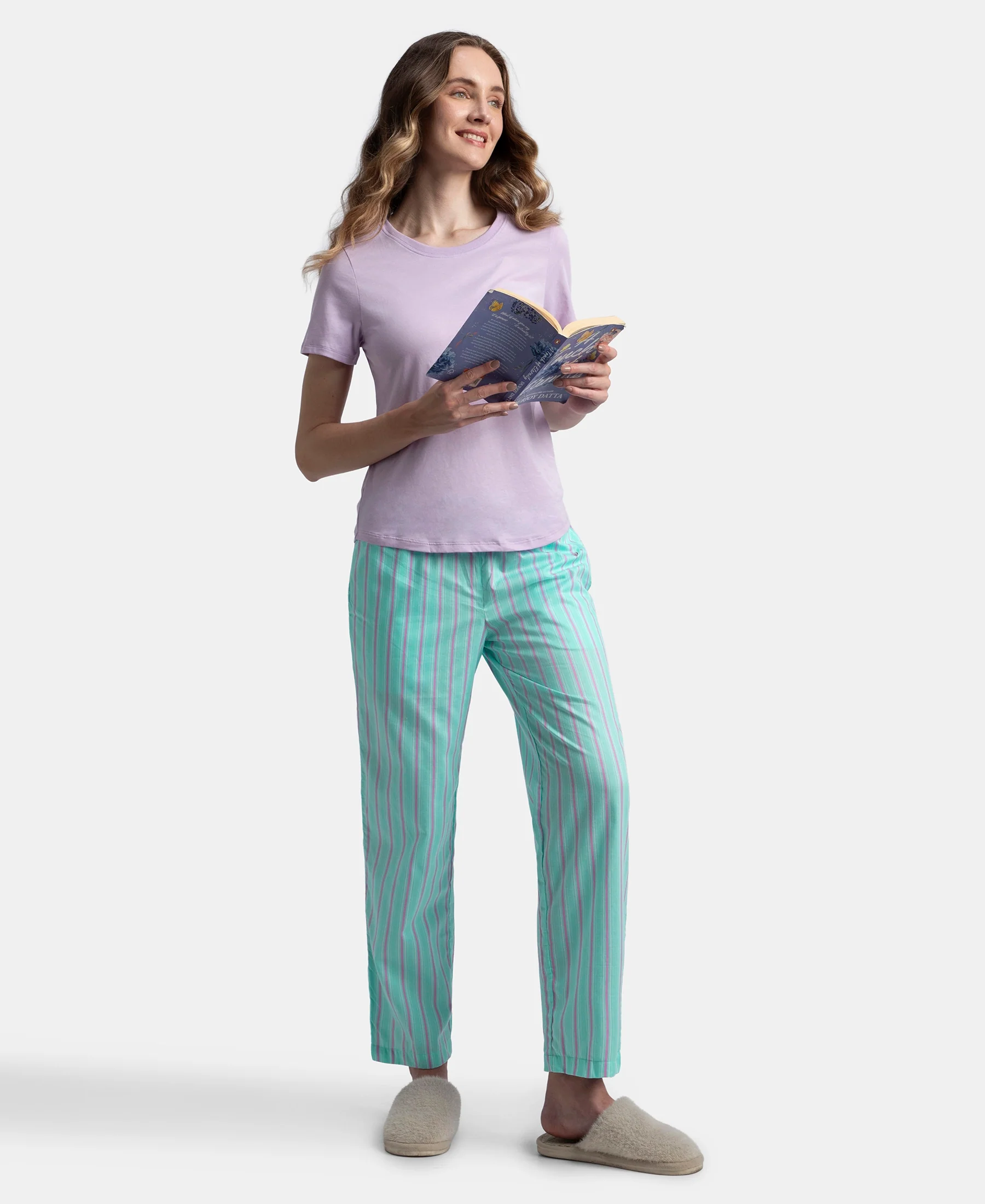 Super Combed Cotton Woven Fabric Relaxed Fit Striped Pyjama with Side Pockets - Aqua Sky - Image 6