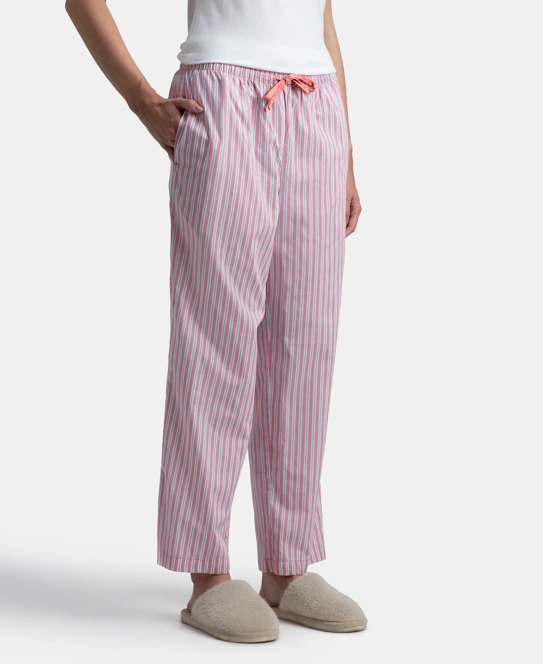 Super Combed Cotton Woven Fabric Relaxed Fit Striped Pyjama with Side Pockets - Cashmere Rose - Image 2