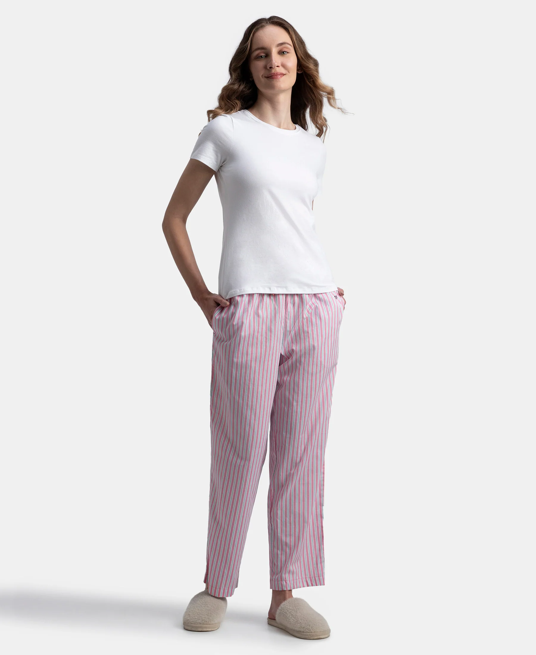 Super Combed Cotton Woven Fabric Relaxed Fit Striped Pyjama with Side Pockets - Cashmere Rose - Image 4