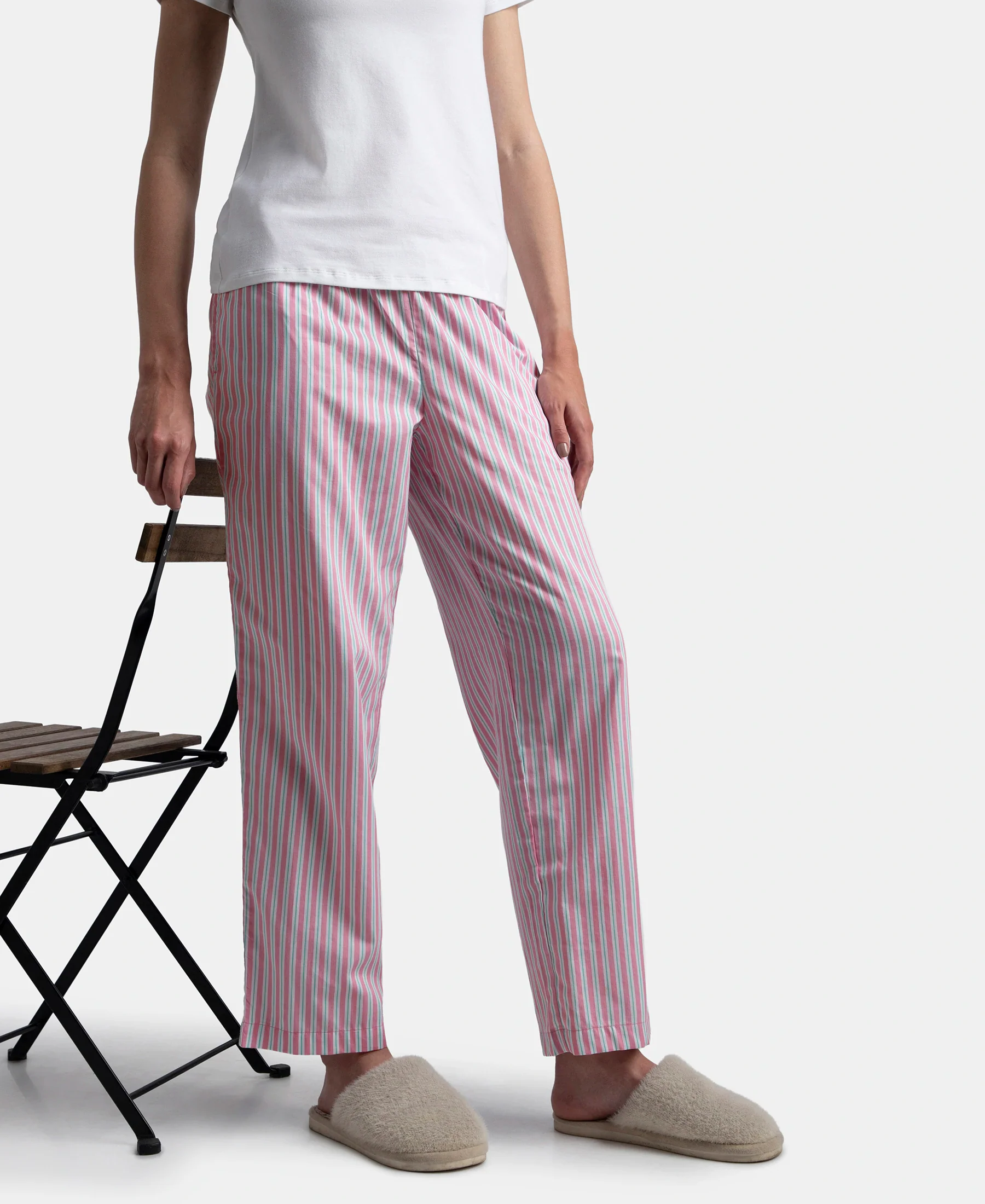 Super Combed Cotton Woven Fabric Relaxed Fit Striped Pyjama with Side Pockets - Cashmere Rose - Image 5