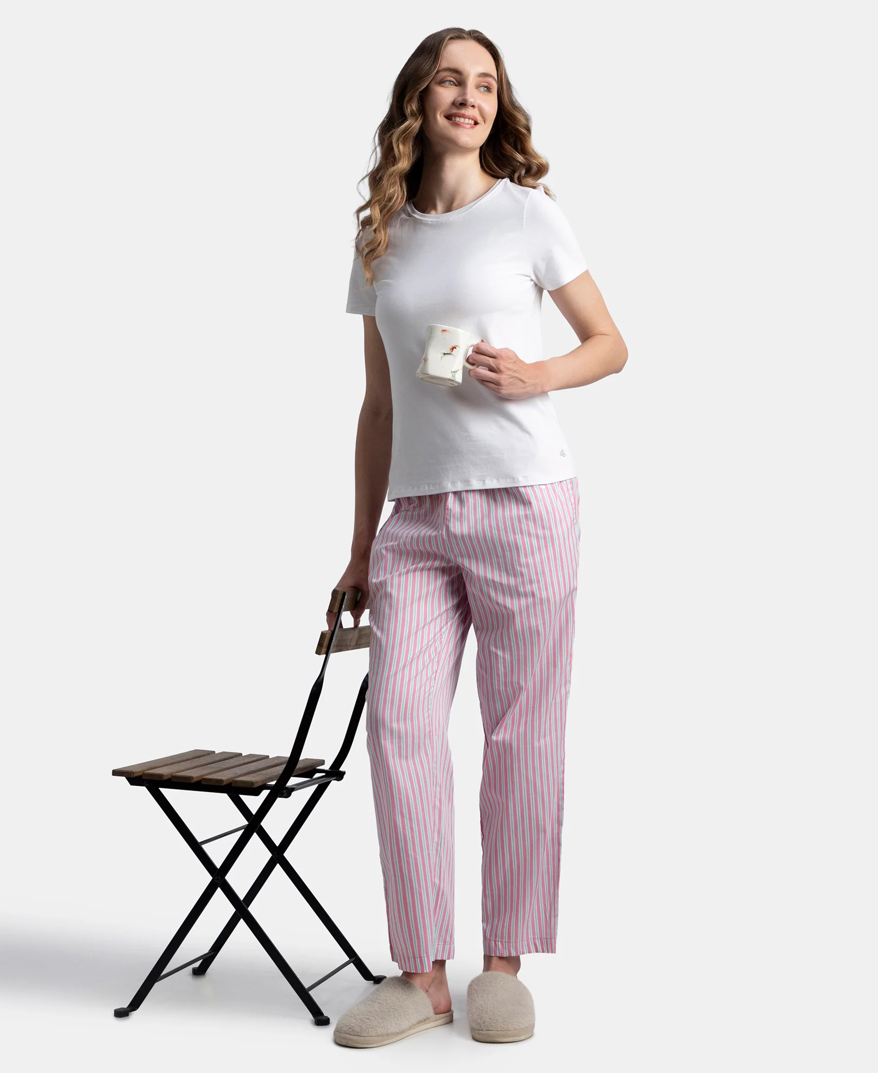 Super Combed Cotton Woven Fabric Relaxed Fit Striped Pyjama with Side Pockets - Cashmere Rose - Image 6