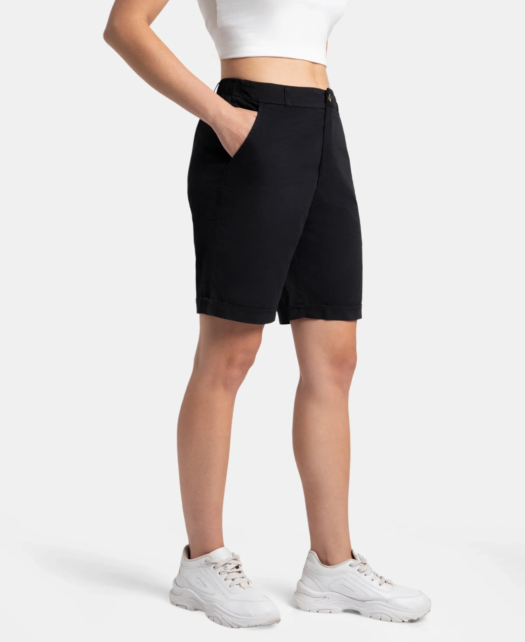 Super Combed Cotton Woven Twill Fabric Relaxed Fit Shorts with Convenient Side Pockets - Black - Image 2