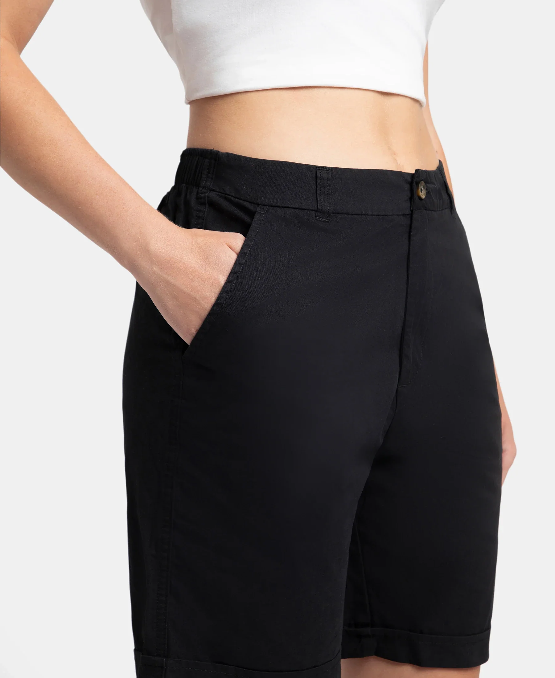 Super Combed Cotton Woven Twill Fabric Relaxed Fit Shorts with Convenient Side Pockets - Black - Image 6